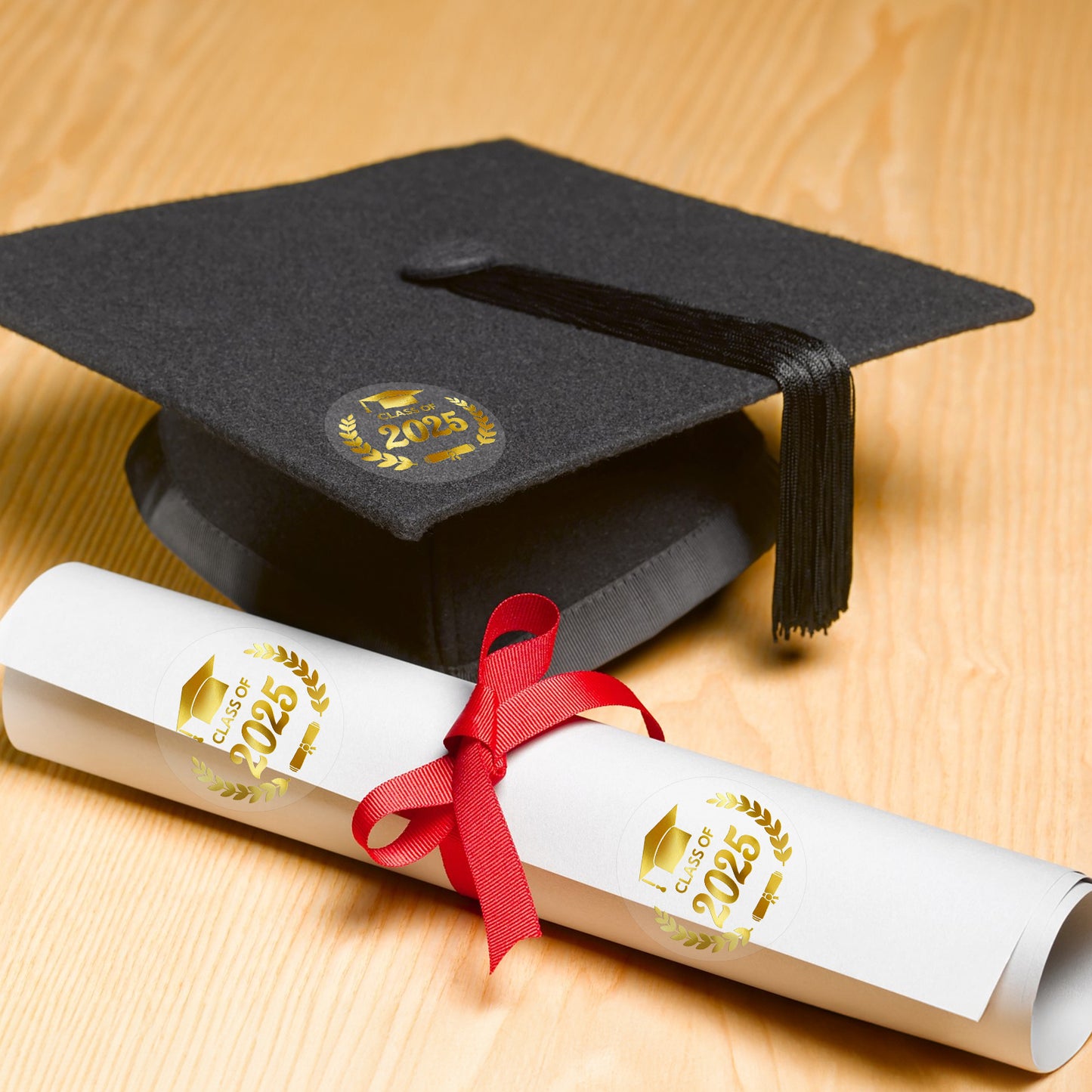 G2PLUS Graduation Stickers, 120PCS Class of 2025 Stickers, 1.6in Gold Foil Graduation Cap Stickers, Transparent Graduation Envelope Seal Sticker for Graduation Invitation and Grad Party Favors