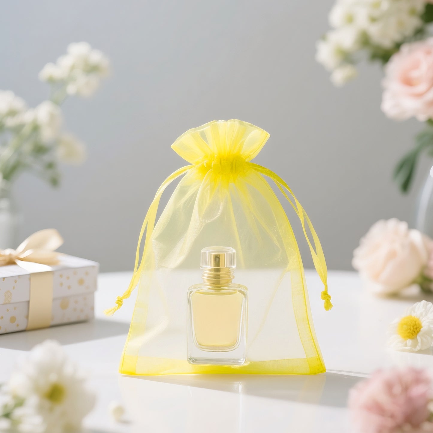 G2PLUS 25PCS Yellow Organza Bags 5x7 inches - Sheer Mesh Jewelry Pouches, Organza Gift Bags with Drawstring for Candy, Jewelry, Wedding Party Favors