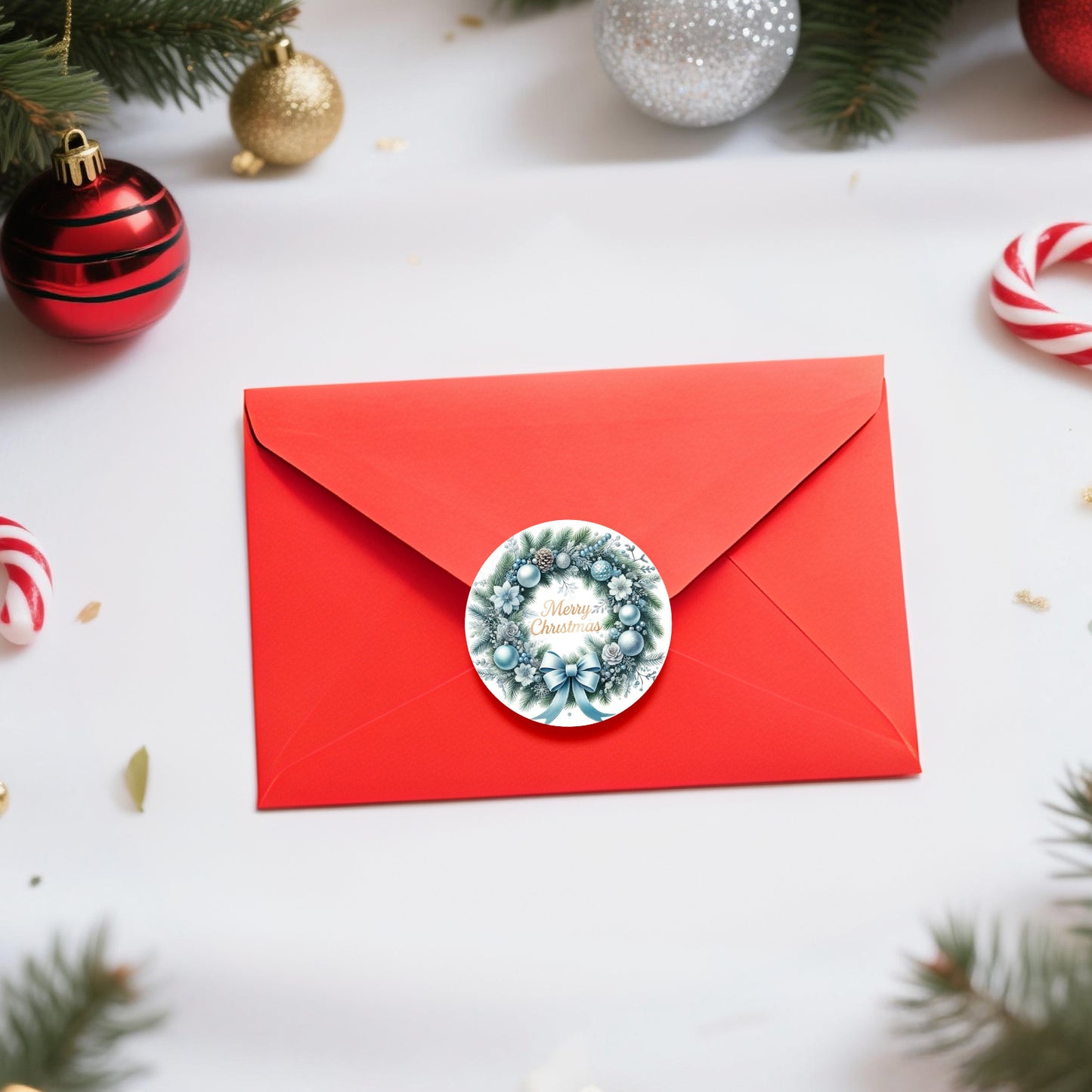 G2PLUS Merry Christmas Stickers - 120Pcs Blue Christmas Wreath Stickers, 2'' Round Self-Adhesive Xmas Labels for Envelope Seals, Holiday Wrapping, Party Favors, DIY Crafts, Small Business Packaging