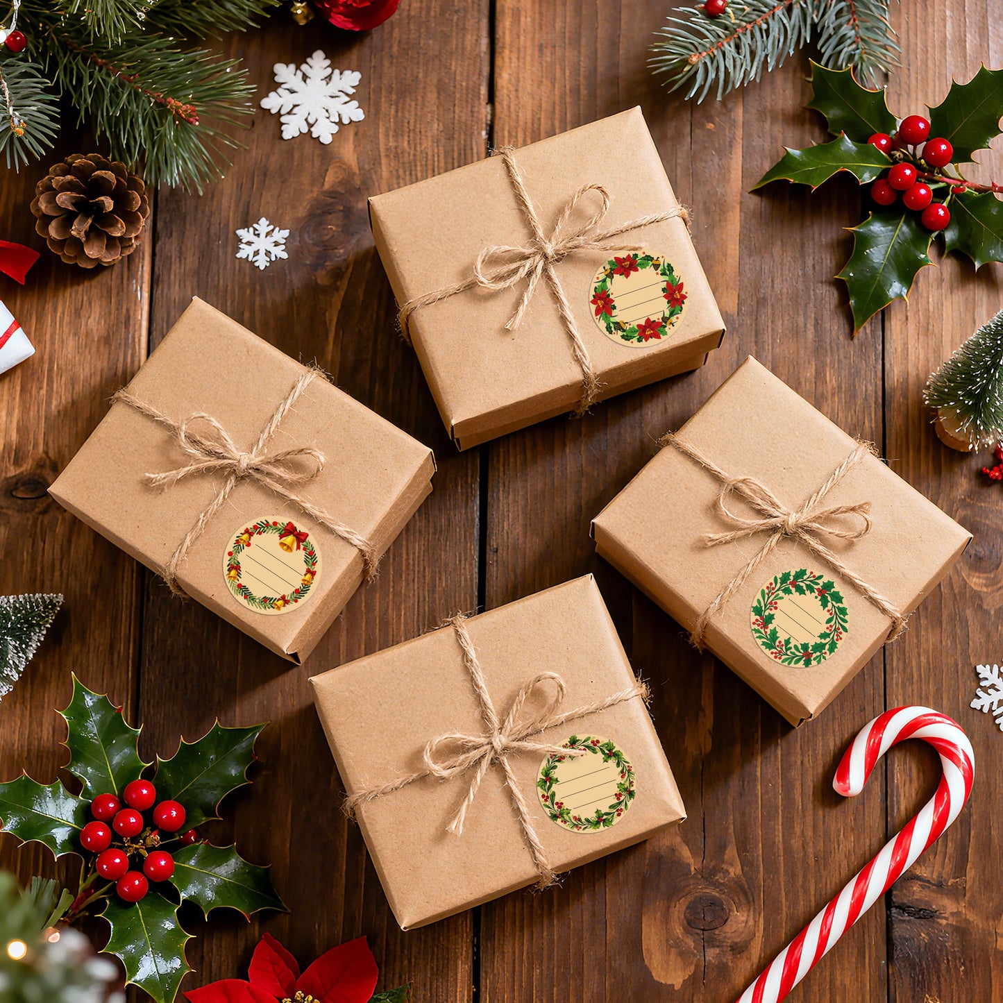 G2PLUS 120Pcs Christmas Gift Stickers - 2 Inch Round Kraft Paper Christmas Holiday Wreath Labels Stickers for Gift Wrapping, Party Favors, DIY Crafts