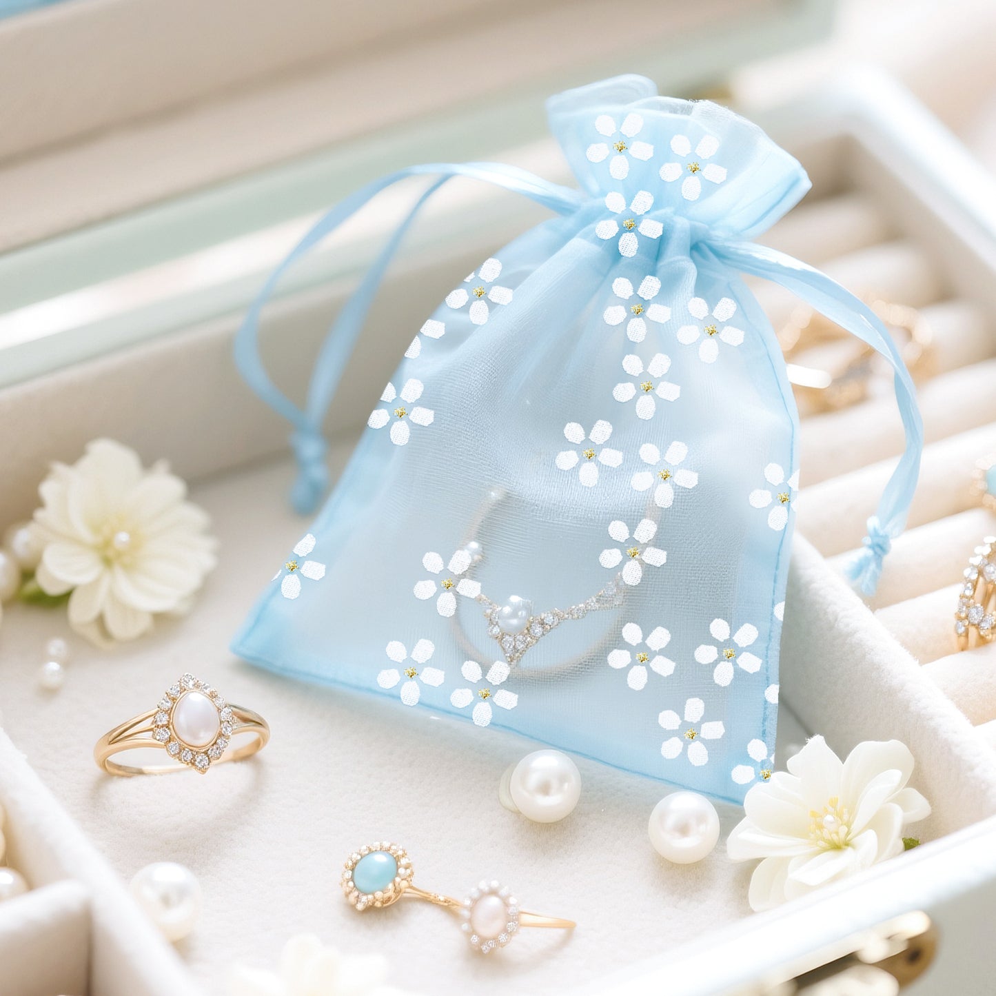 G2PLUS 30Pcs Blue Organza Bags - 4x6 In Sheer Mesh Jewelry Pouches, Daisy Drawstring Organza Bags for Baby Shower, Birdal Shower, Wedding Party Favors