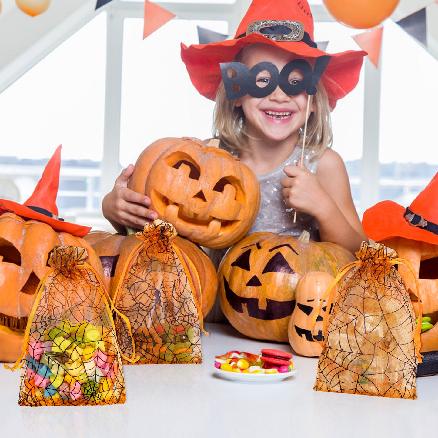 G2PLUS Halloween Organza Drawstring Bags, 50PCS Halloween Organza Bags 4x6, Sheer Organza Pouches, Trick or Treat Candy Goodies Bags, Spiderwebs Organza Bags for Halloween Party Favors (Orange)