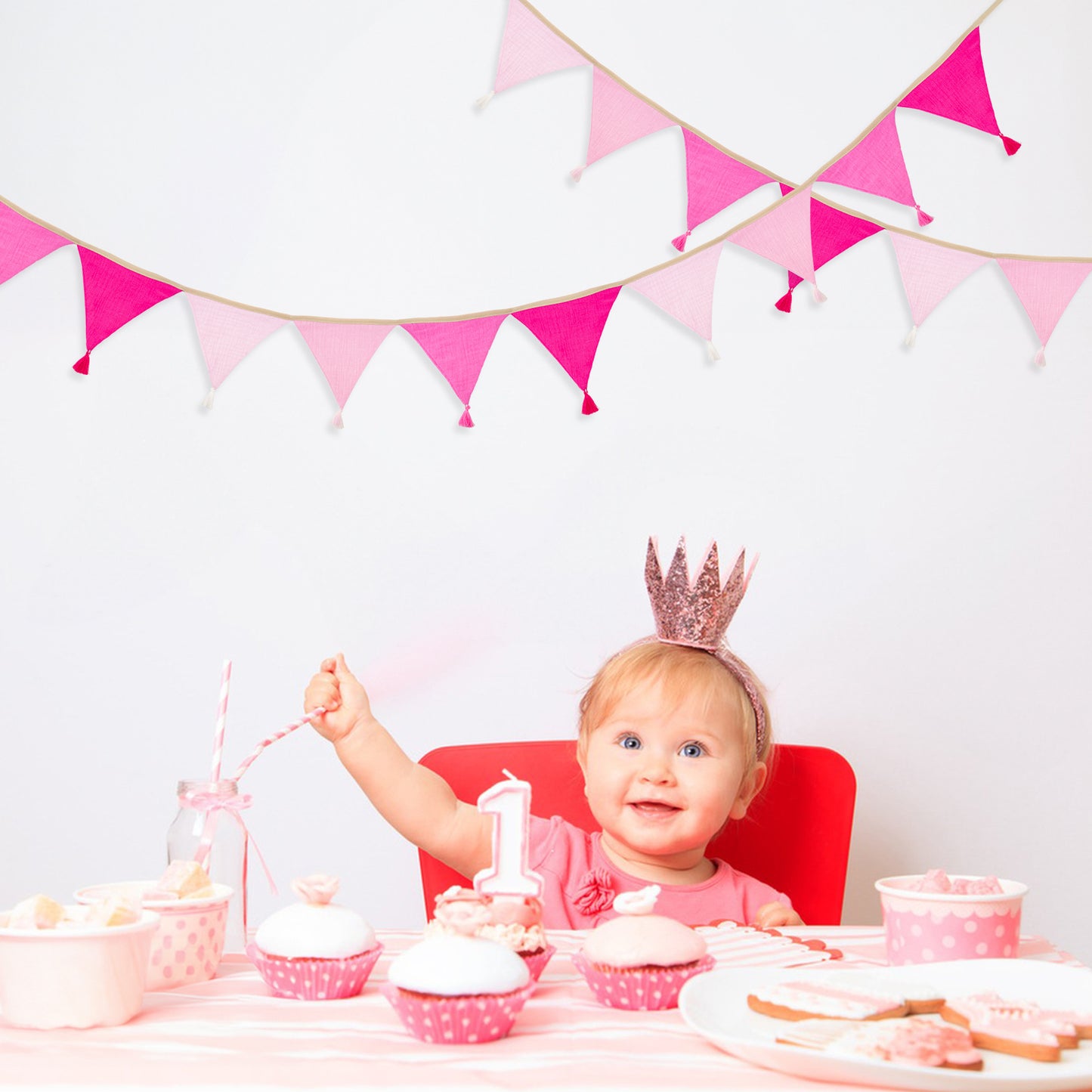 G2PLUS Cotton Fabric Bunting Banner, 9Ft Pink Triangle Pennant Banner Flag, 12pcs Double-Sided Bunting Garland with Tassels for Birthday Party, Wedding, Holiday, Classroom Hanging Decor