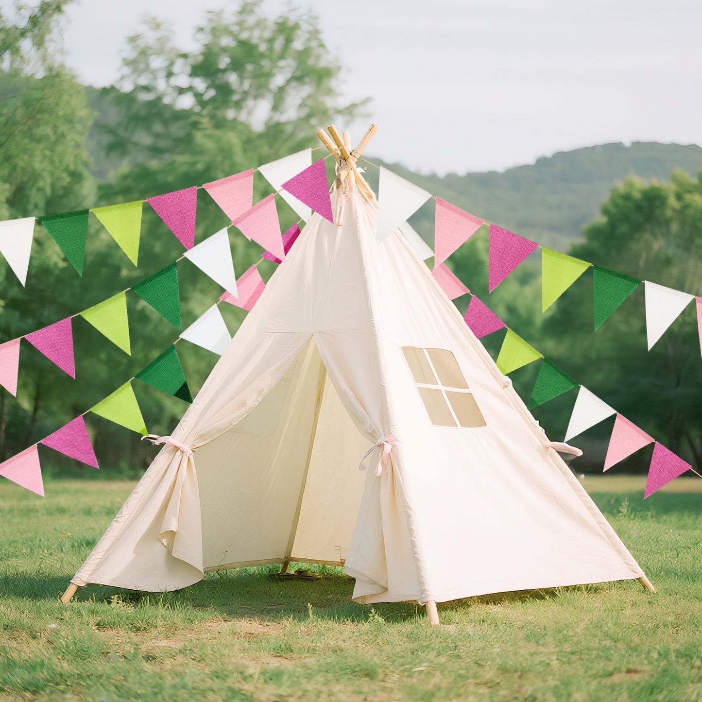 G2PLUS Pre-Strung Burlap Pennant Banner, 65Ft Pink Green and White Triangle Flag Bunting, 60pcs Pennant Banner Bunting Garland for Birthday, Wedding, Camping, Rustic Boho Theme Party Decorations
