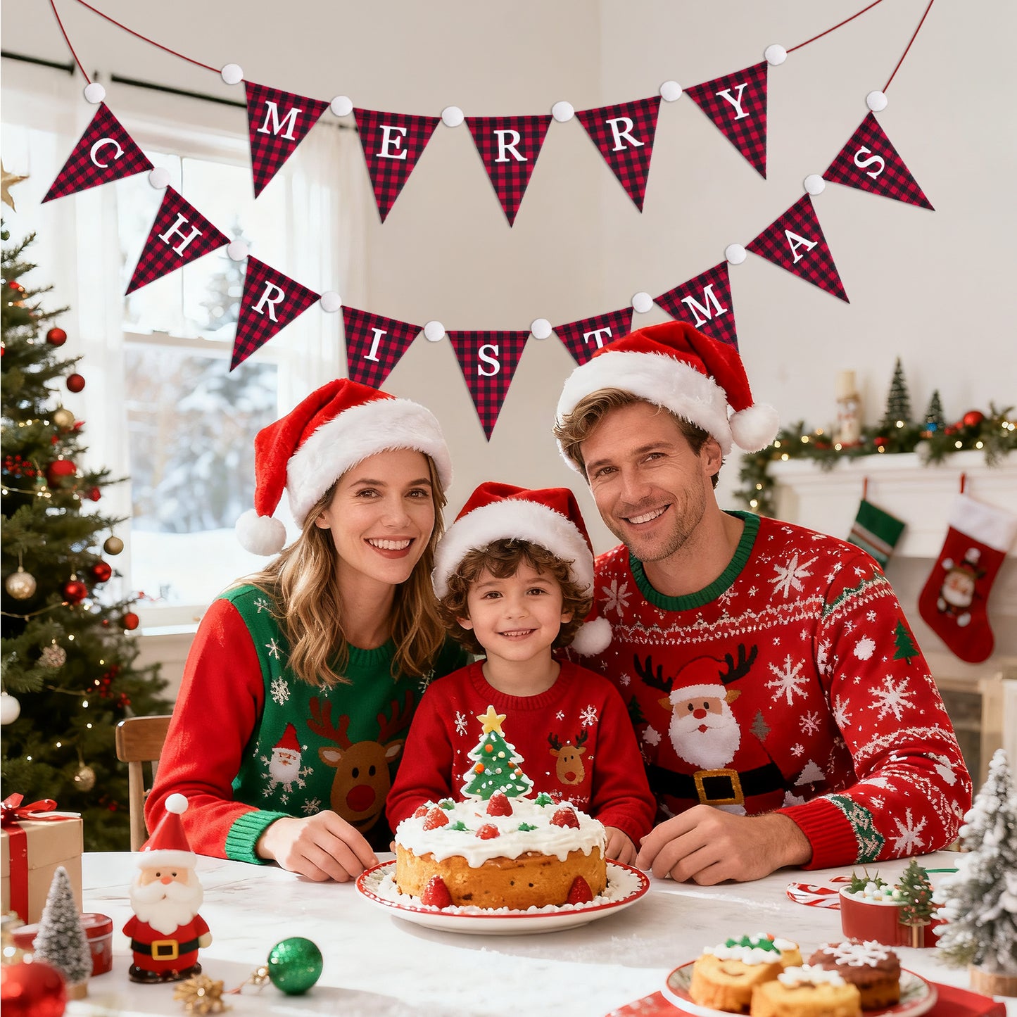 G2PLUS Merry Christmas Burlap Banner, 19.6Ft Red and Black Buffalo Plaid Banner, Pre-strung Triangle Pennant Flag Garland Bunting for Holiday Party, Fireplace Wall, Xmas Home Decorations