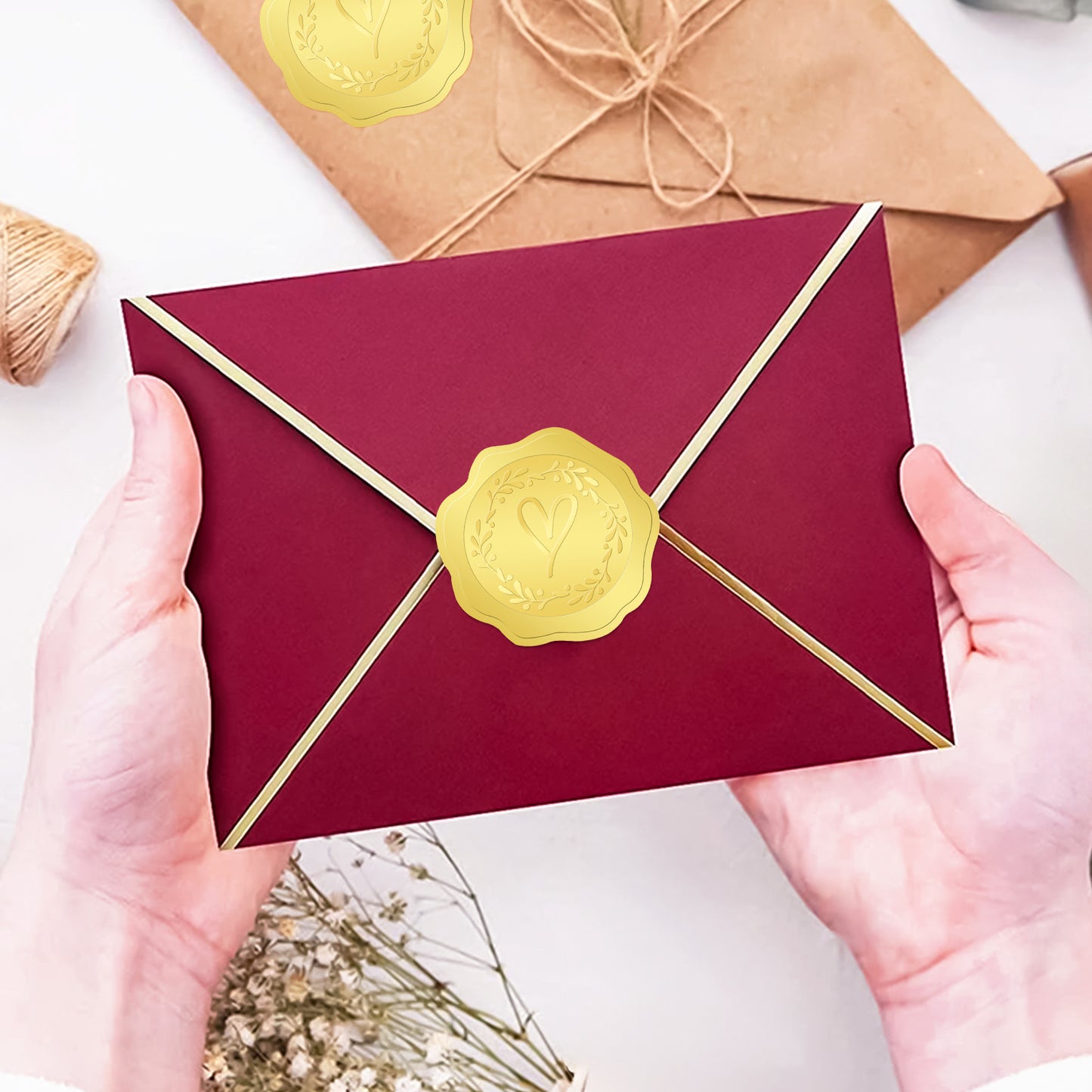 G2PLUS 300PCS Embossed Gold Foil Stickers, Gold Heart Envelope Seals Stickers, Gold Embossed Wax Seal Looking Heart Envelope Seals, Gold Heart and Garland Stickers for Envelope Seals, Cards, Invites