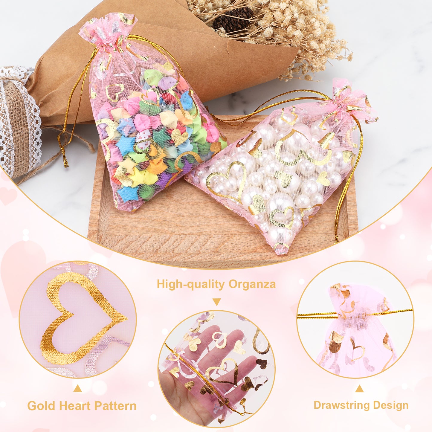 G2PLUS Heart Organza Bags, 4''x6'' Organza Gift Bags, 50PCS Drawstring Sheer Organza Gift Bags, Organza Mesh Jewelry Pouches, Candy Bags for Easter, Mother's Day, Wedding Party Favors (Pink Gold) Visit the G2PLUS Store