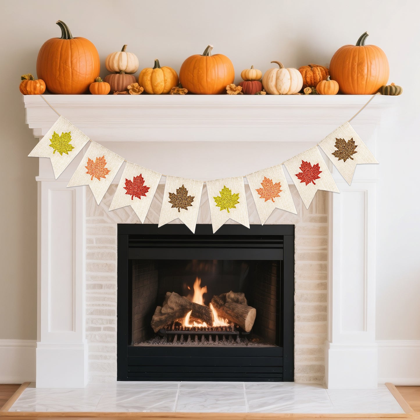 G2PLUS Glitter Maple Leaf Burlap Banner – 9.8Ft Fall Bunting Garland, Pre-Strung Rustic Hanging Banner Flag for Thanksgiving Decor, Harvest Festival and Fall Wedding