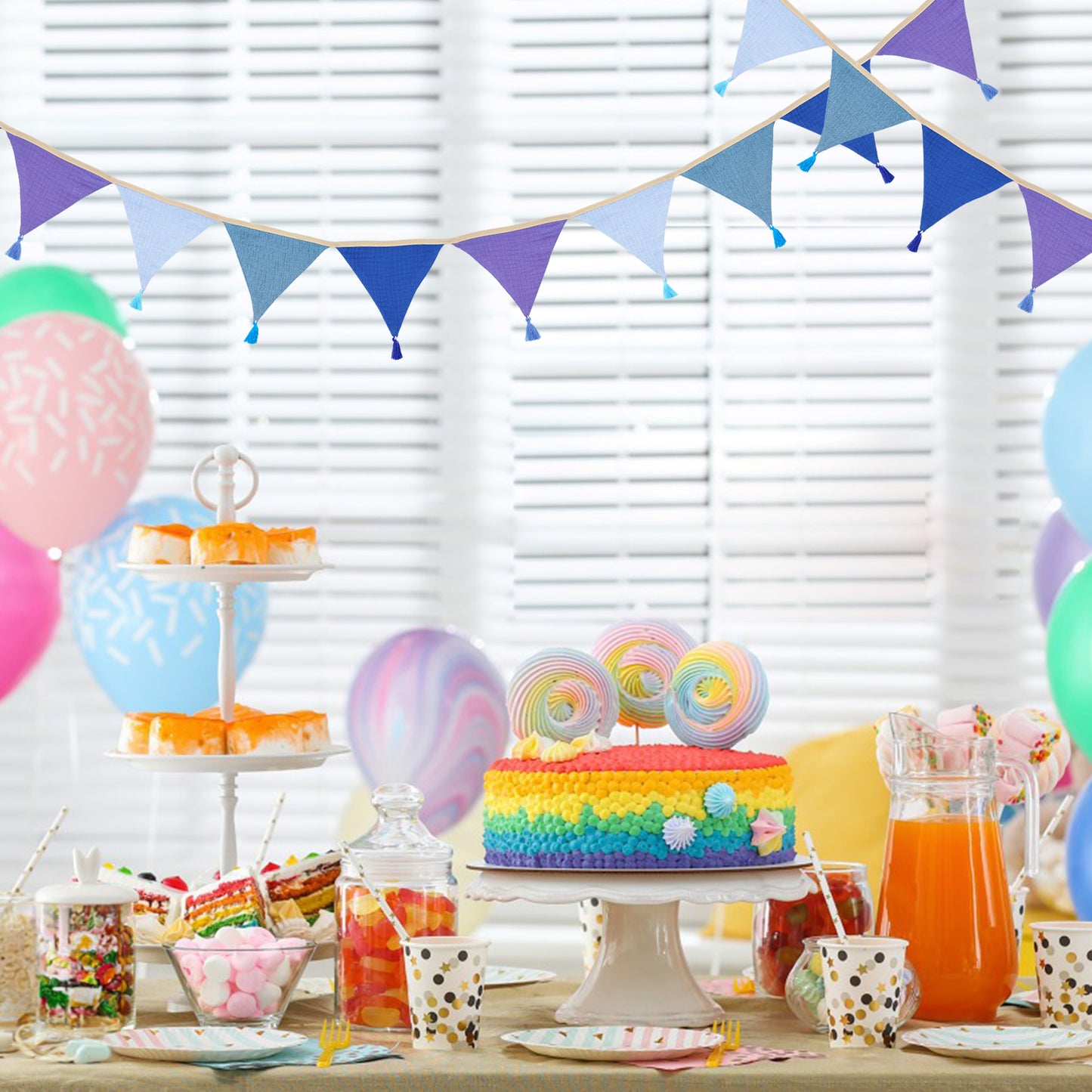 G2PLUS Cotton Fabric Bunting Banner, 9Ft Blue Triangle Pennant Banner Flag, 12pcs Double-Sided Bunting Garland with Tassels for Birthday Party, Wedding, Holiday, Classroom Hanging Decor