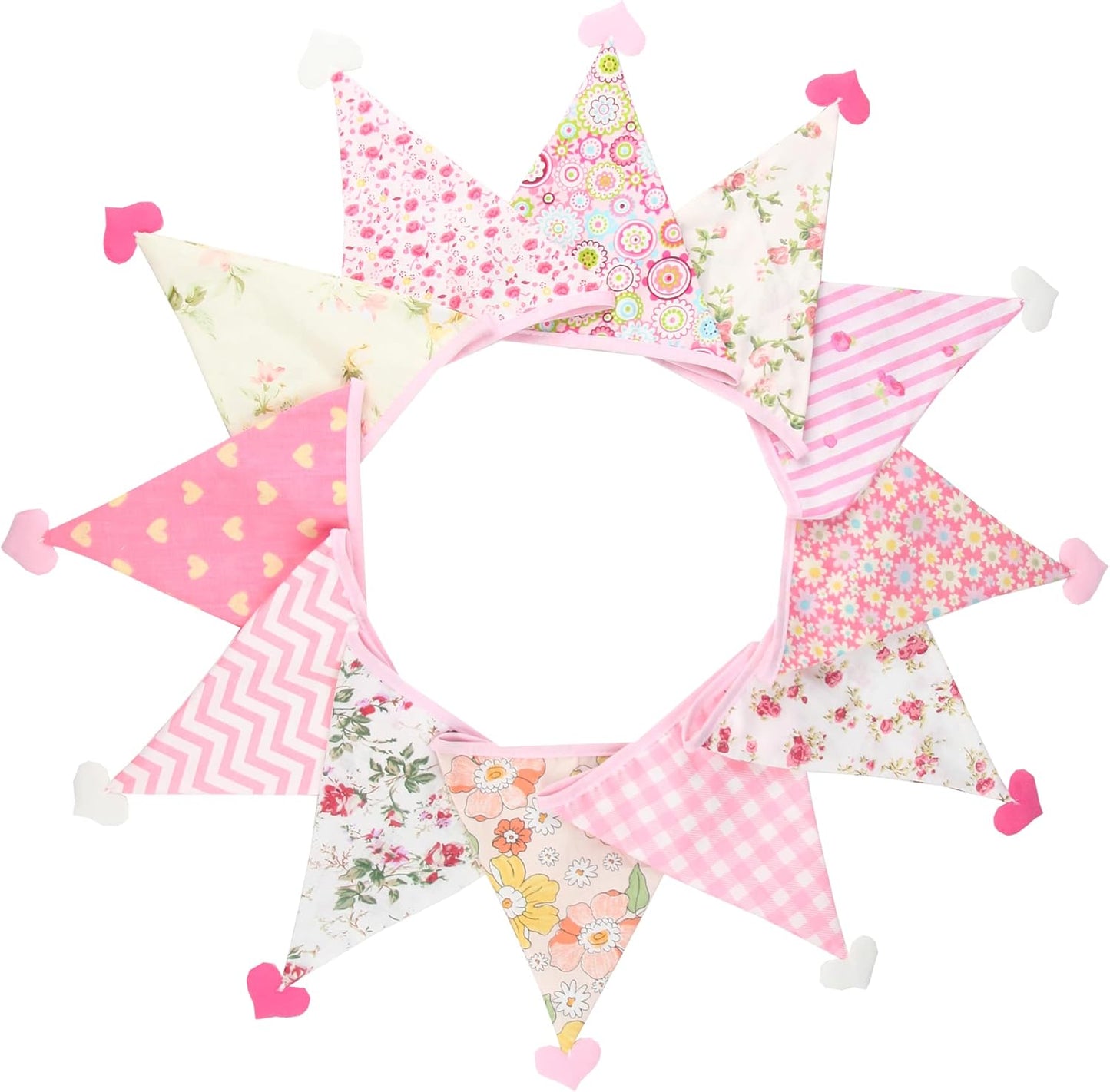 G2PLUS 4M Fabric Bunting Banner with Hearts -12PCS Double Sided Cotton Pennants - 17x19CM Floral Triangle Garlands for Birthday Parties Ceremonies Kitchen Bedrooms Decoration-Pink