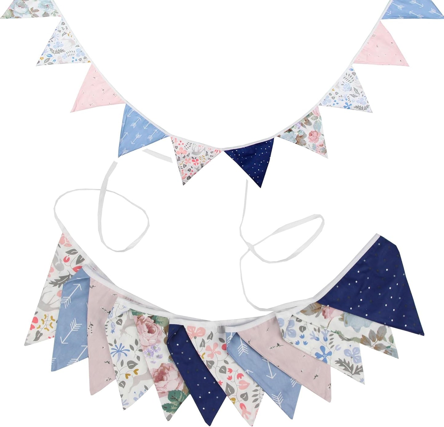 G2PLUS Double Sided Fabric Bunting Banner -12PCS Pink and Blue Fabric Bunting Nursery, Florial Fabric Bunting for Nursery, 3.3M Cotton Triangle Pennants for Decorating Girls Bedroom Birthday Parties