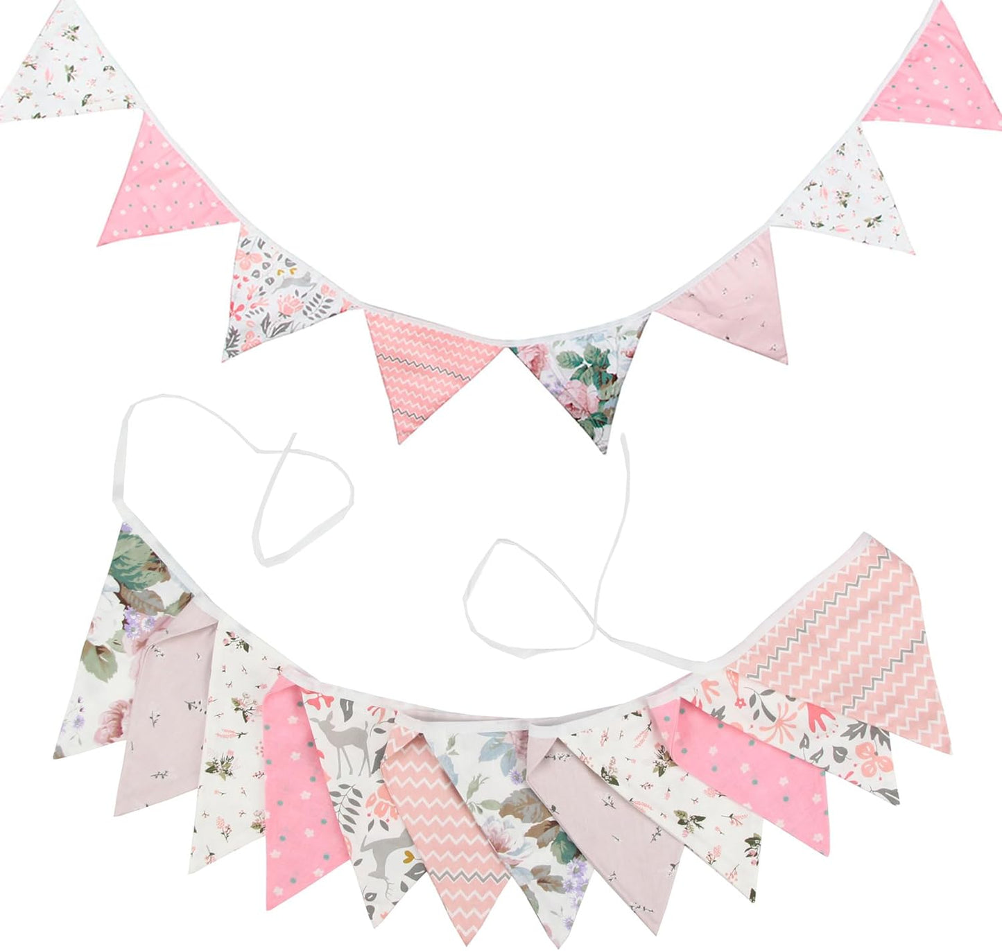 G2PLUS Double Sided Fabric Bunting Banner,12PCS Pink and White Fabric Bunting, Florial Fabric Bunting for Nursery, 3.3M Cotton Triangle Pennants for Decorating Girls Bedroom Birthday Parties