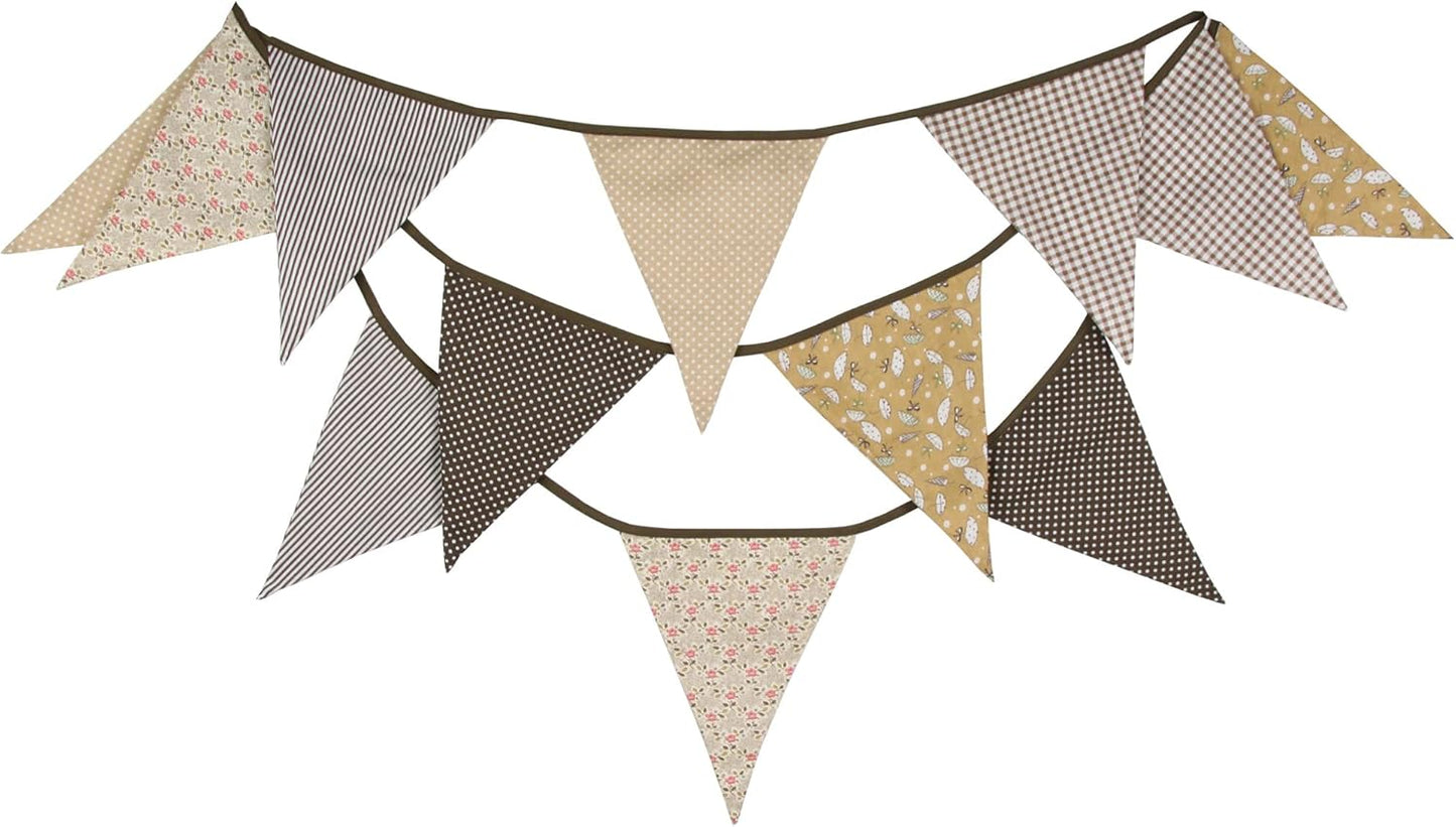 G2PLUS Double Sided Fabric Bunting Banner,12PCS Brown Fabric Bunting, Florial Fabric Bunting for Nursery, 3.7M Cotton Triangle Pennants for Decorating Girls Bedroom Birthday Parties