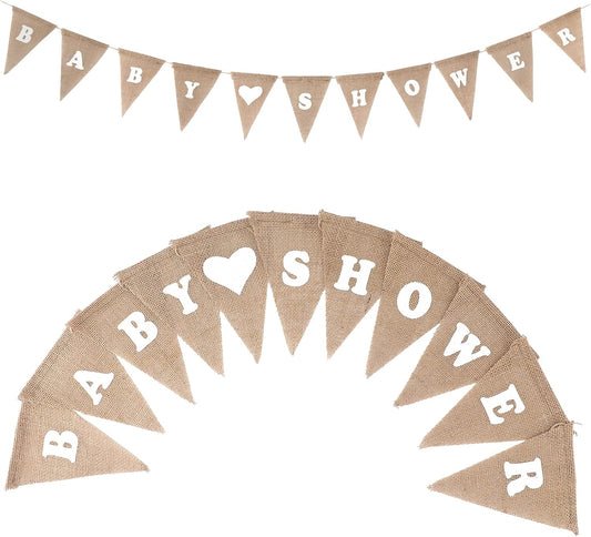 G2PLUS BABY SHOWER Linen Bunting - 9 Feet Hessian Flag Banner - Rustic Burlap Garlands with 10PCS Jute Triangle Pennants - Vintage Cloth Shabby Chic Decoration for Baby shower