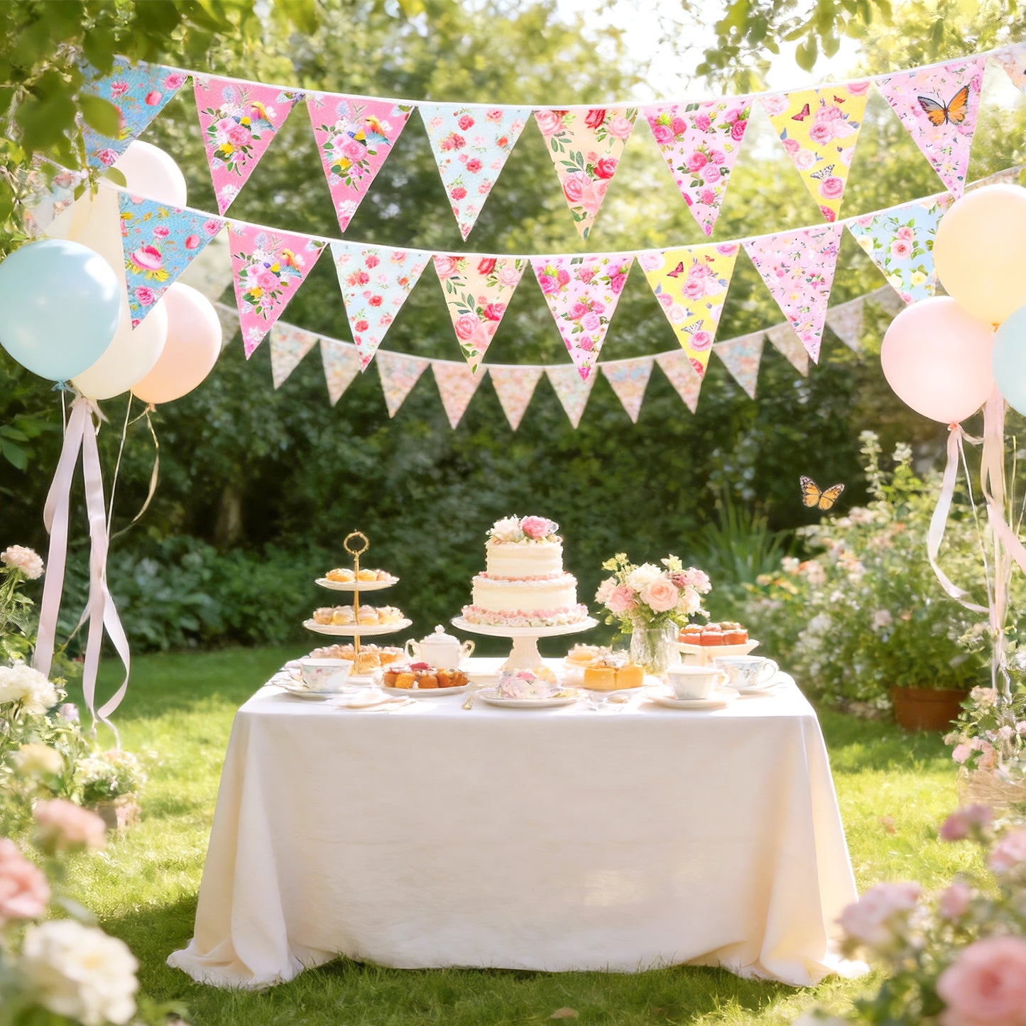 G2PLUS Floral Tea Party Banner, 39Ft Pre-Strung Flower Bunting Garland, Double Sided Paper Pennant Banner Garland for Birthday, Baby Shower, Bridal Shower, Garden, Spring Party Decor (Pink)