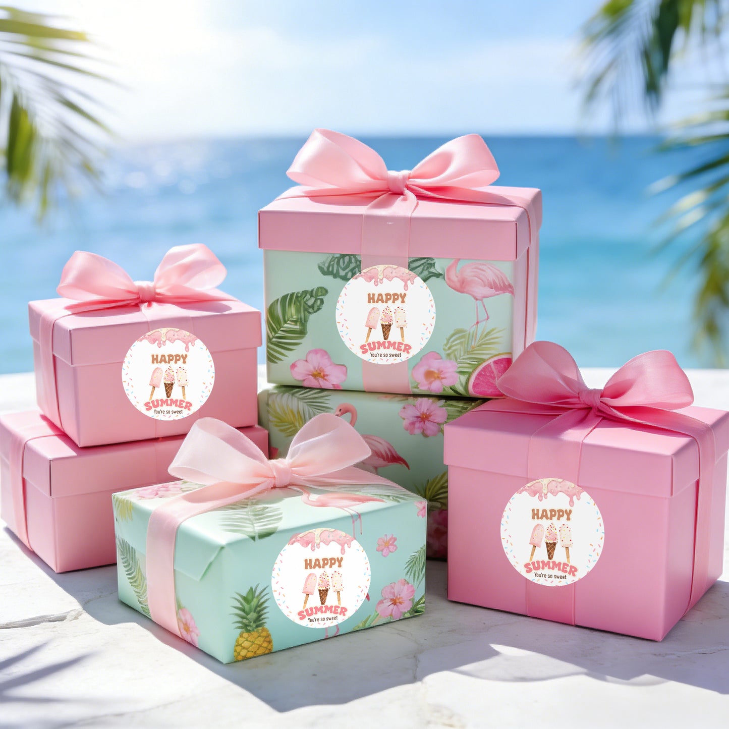 G2PLUS Summer Gift Stickers - 60Pcs Happy Summer Stickers 2 Inch Round Ice Cream Label Sticker for Envelope Seals, Gift Cards, Bags, Small Business, Hawaii Tropical Luau Party Favors