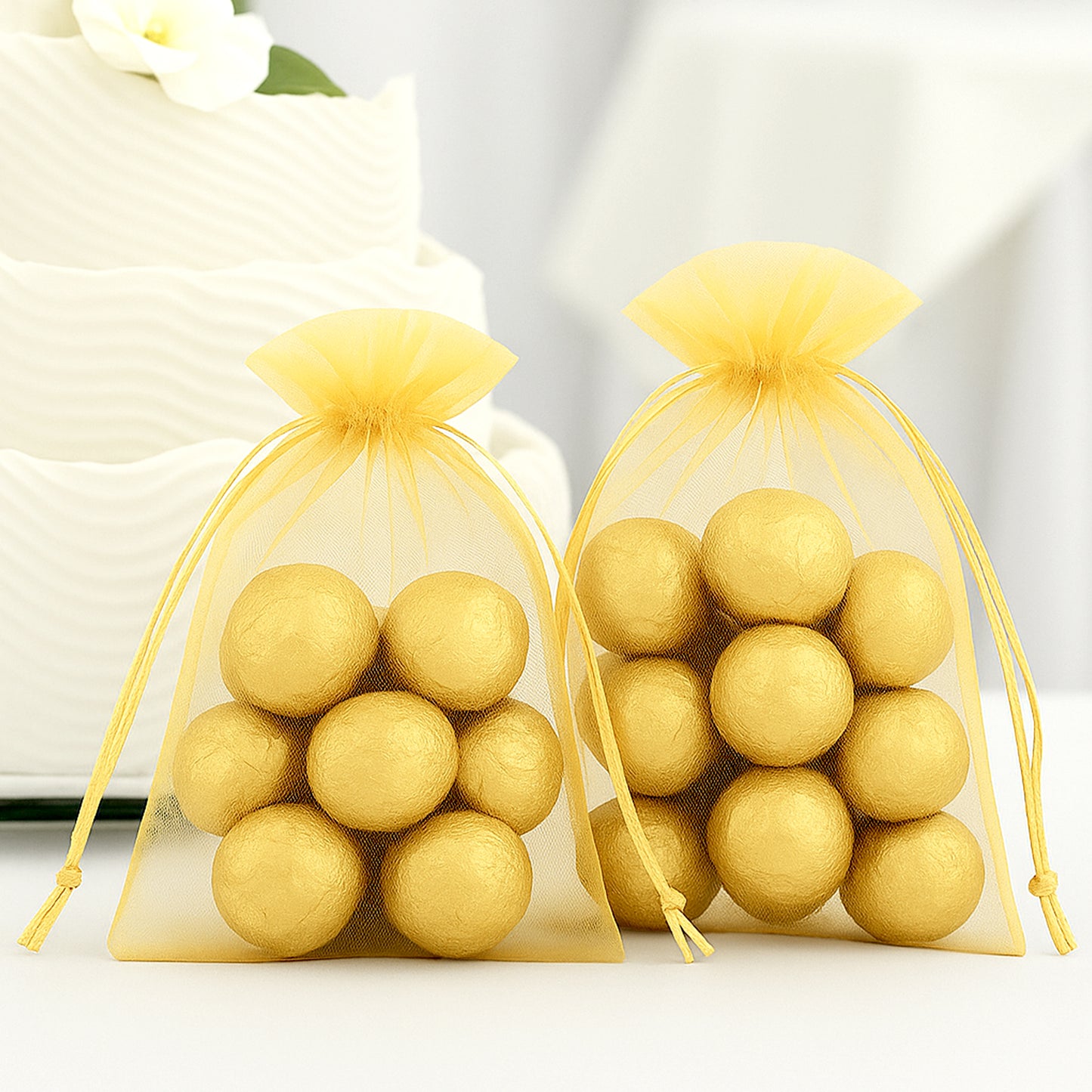G2PLUS 25PCS Gold Organza Bags 5x7 inches, Sheer Mesh Jewelry Pouches, Organza Gift Bags with Drawstring for Candy, Jewelry, Wedding Party Favors