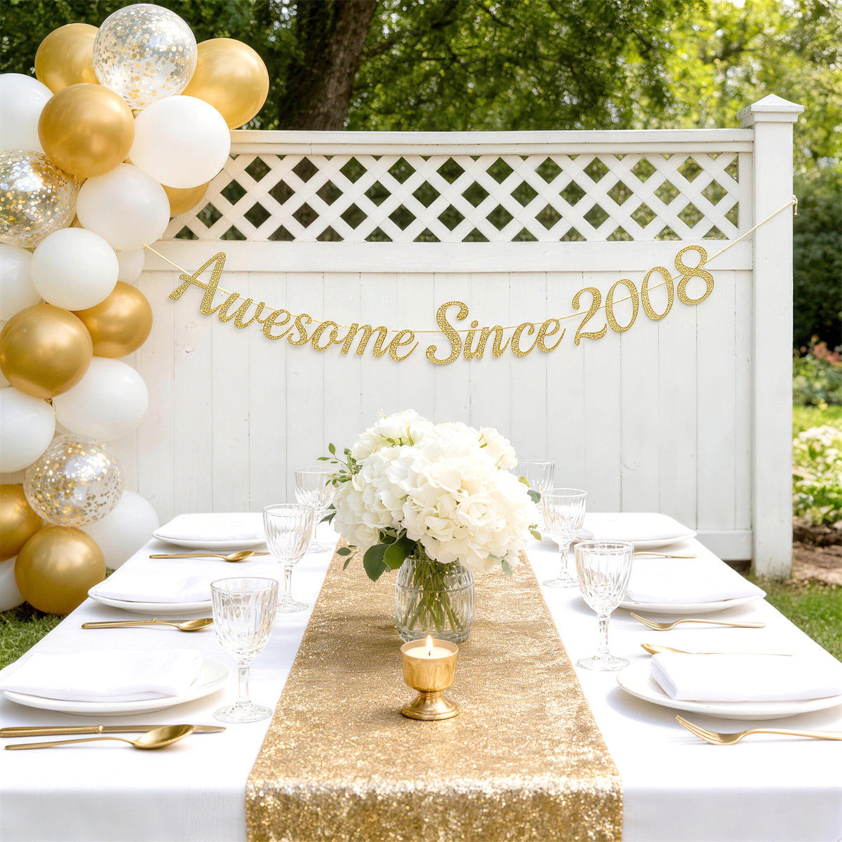 G2PLUS Pre-Strung 18th Birthday Banner, Glitter 18th Birthday Decorations Champagne Gold Happy 18th Birthday Banner, 3m Awesome Since 2008 Banner, 18th Birthday Party Decorations