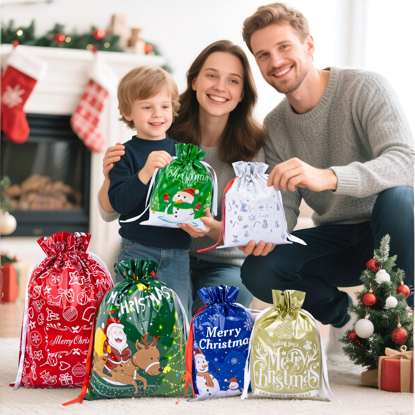 G2PLUS 20PCS Christmas Drawstring Gift Bags Assorted Sizes - 8 Designs Christmas Aluminum Foil Bags with Ribbon, Present Wrapping Pouches for Packages, Holidays, Birthday, Xmas Party Favors