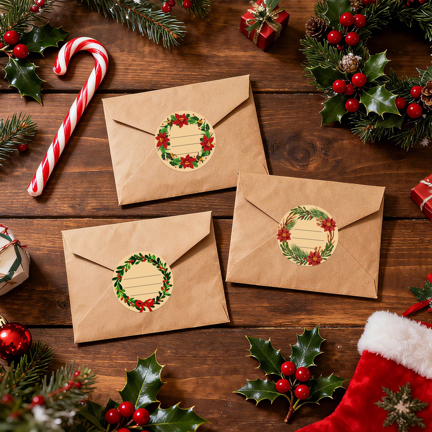 G2PLUS 120Pcs Christmas Gift Stickers - 2 Inch Round Kraft Paper Christmas Holiday Wreath Labels Stickers for Gift Wrapping, Party Favors, DIY Crafts