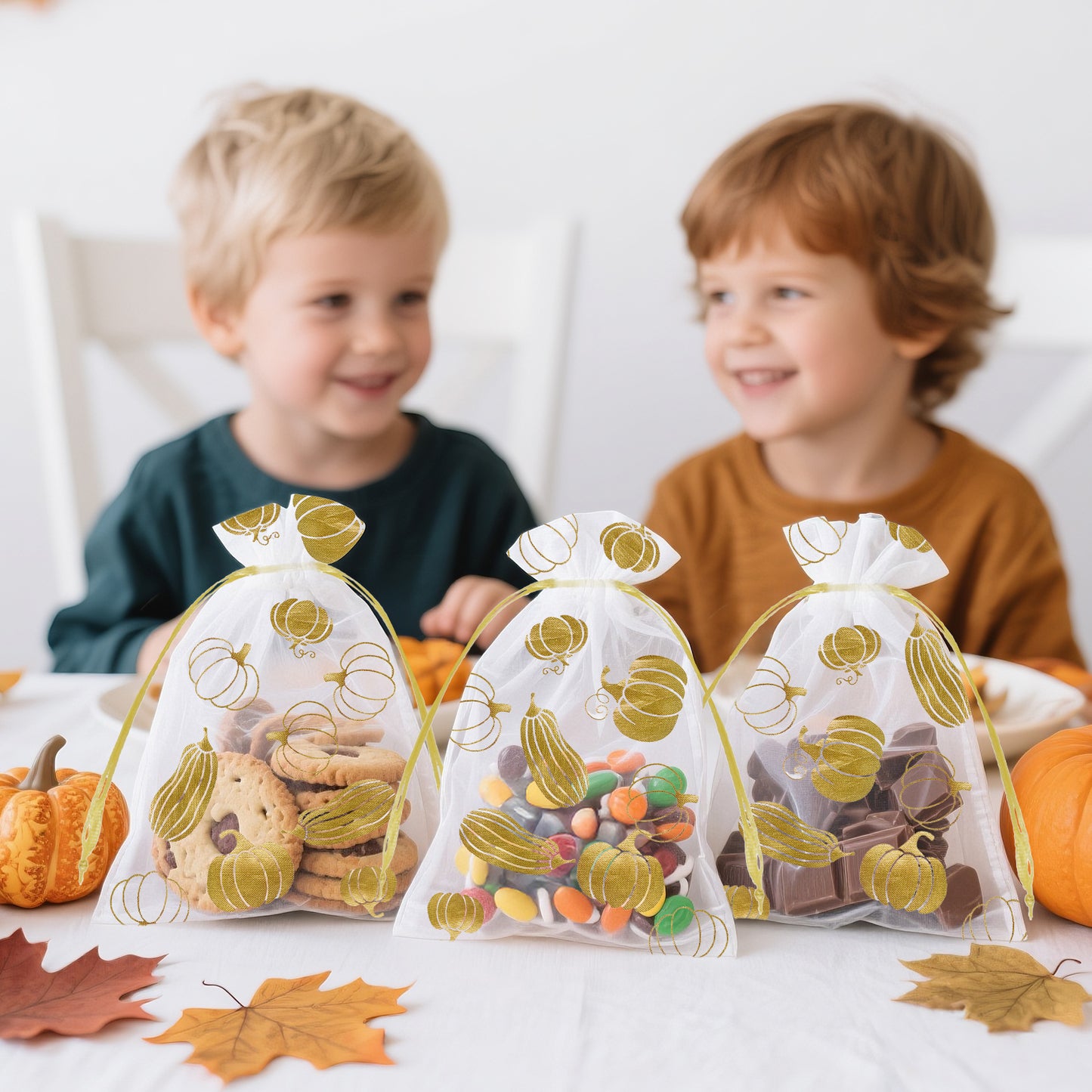 G2PLUS 50Pcs Fall Drawstring Organza Bags 4x6 In - Thanksgiving Organza Bags, White Sheer Mesh Pouches, Gold Pumpkin Candy Treat Bag for Wedding, Baby Shower, Autumn Holiday Party Favors