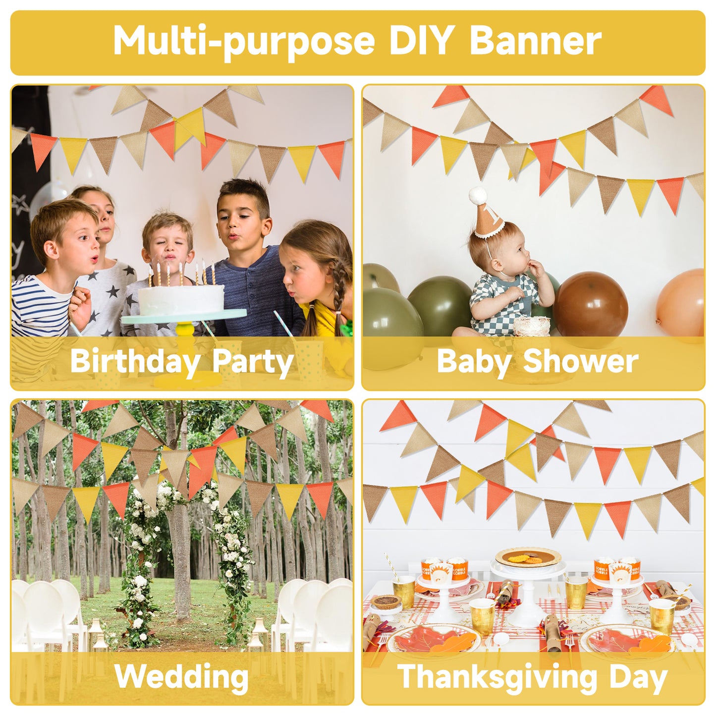G2PLUS Pre-Strung Burlap Pennant Banner, 39Ft Orange Yellow Triangle Flag Bunting, 36pcs Pennant Banner Flags Garland for Fall, Thanksgiving, Farmhouse and Party Decor