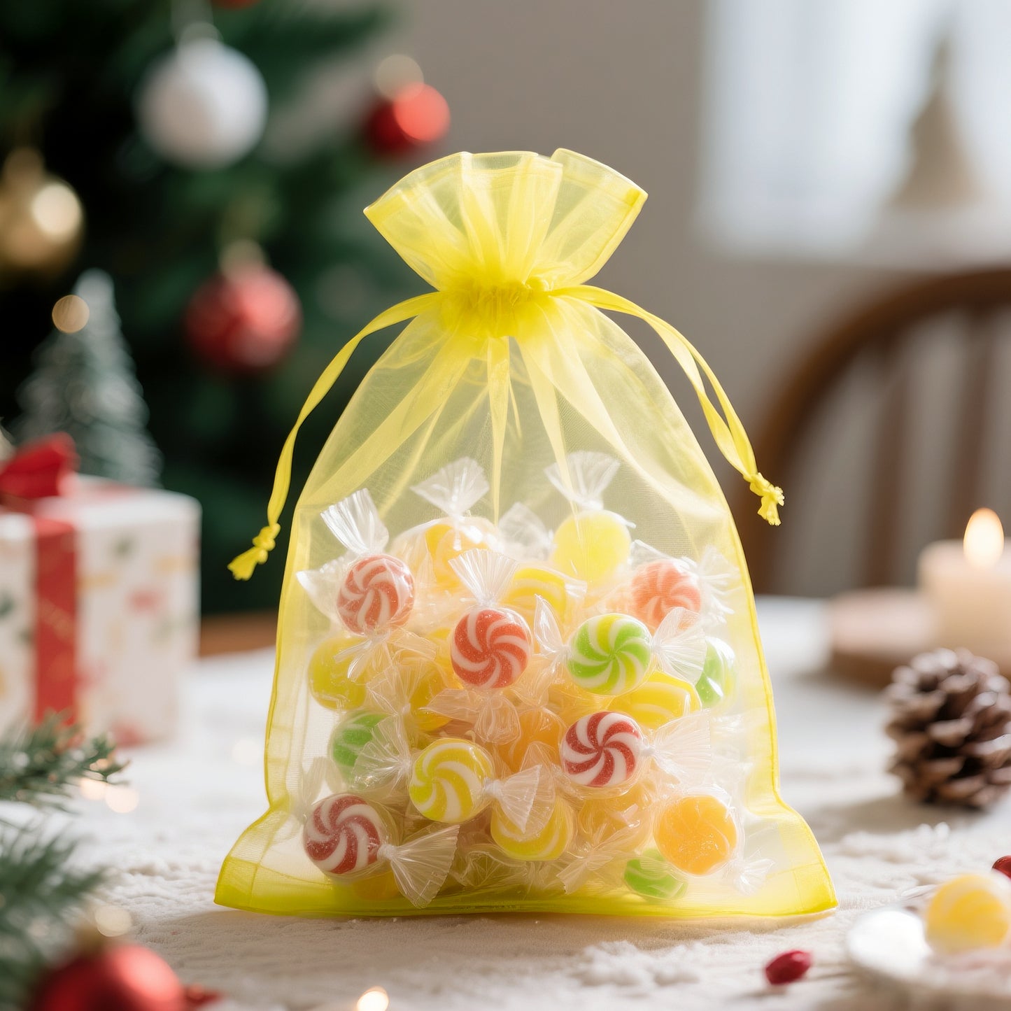 G2PLUS 25PCS Yellow Organza Bags 5x7 inches - Sheer Mesh Jewelry Pouches, Organza Gift Bags with Drawstring for Candy, Jewelry, Wedding Party Favors