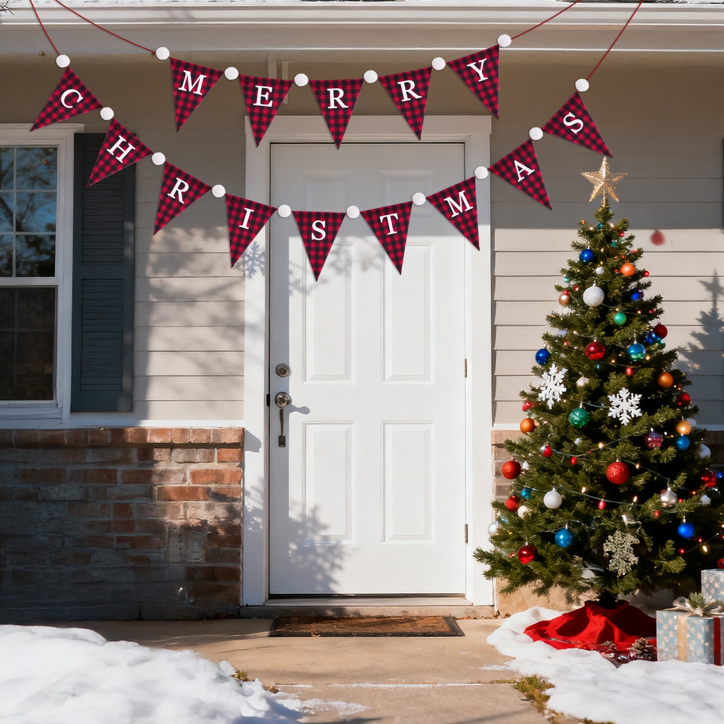 G2PLUS Merry Christmas Burlap Banner, 19.6Ft Red and Black Buffalo Plaid Banner, Pre-strung Triangle Pennant Flag Garland Bunting for Holiday Party, Fireplace Wall, Xmas Home Decorations