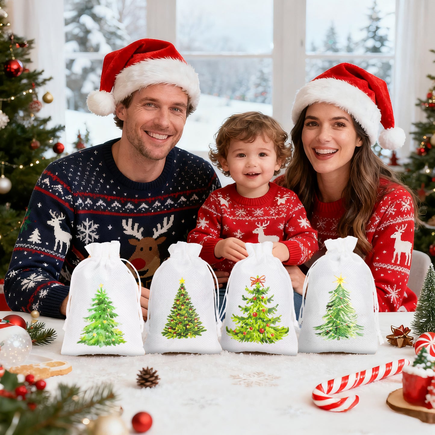 G2PLUS 24Pcs Christmas Drawstring Burlap Gift Bags - 4X6 In Christmas Advent Calendar Bags, 4 Design Xmas Tree Burlap Bag, White Treat Goody Bag for Xmas Holiday Party Favors