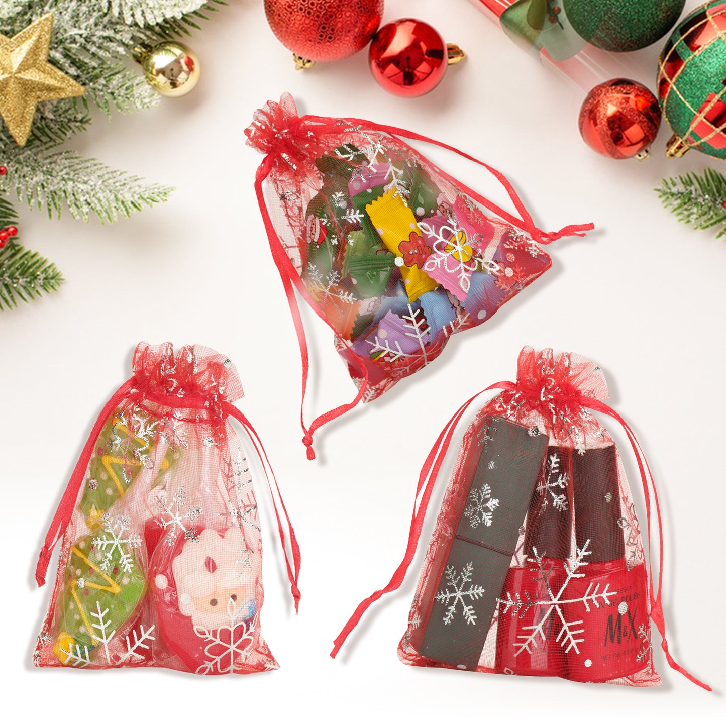 G2PLUS Christmas Drawstring Organza Bags, 50PCS Snowflake Organza Gift Bags, Red Christmas Organza Bags 4x6, Mesh Sheer Organza Pouches, Xmas Winter Holiday Organza Bags for Jewelry, Candy, Goodies