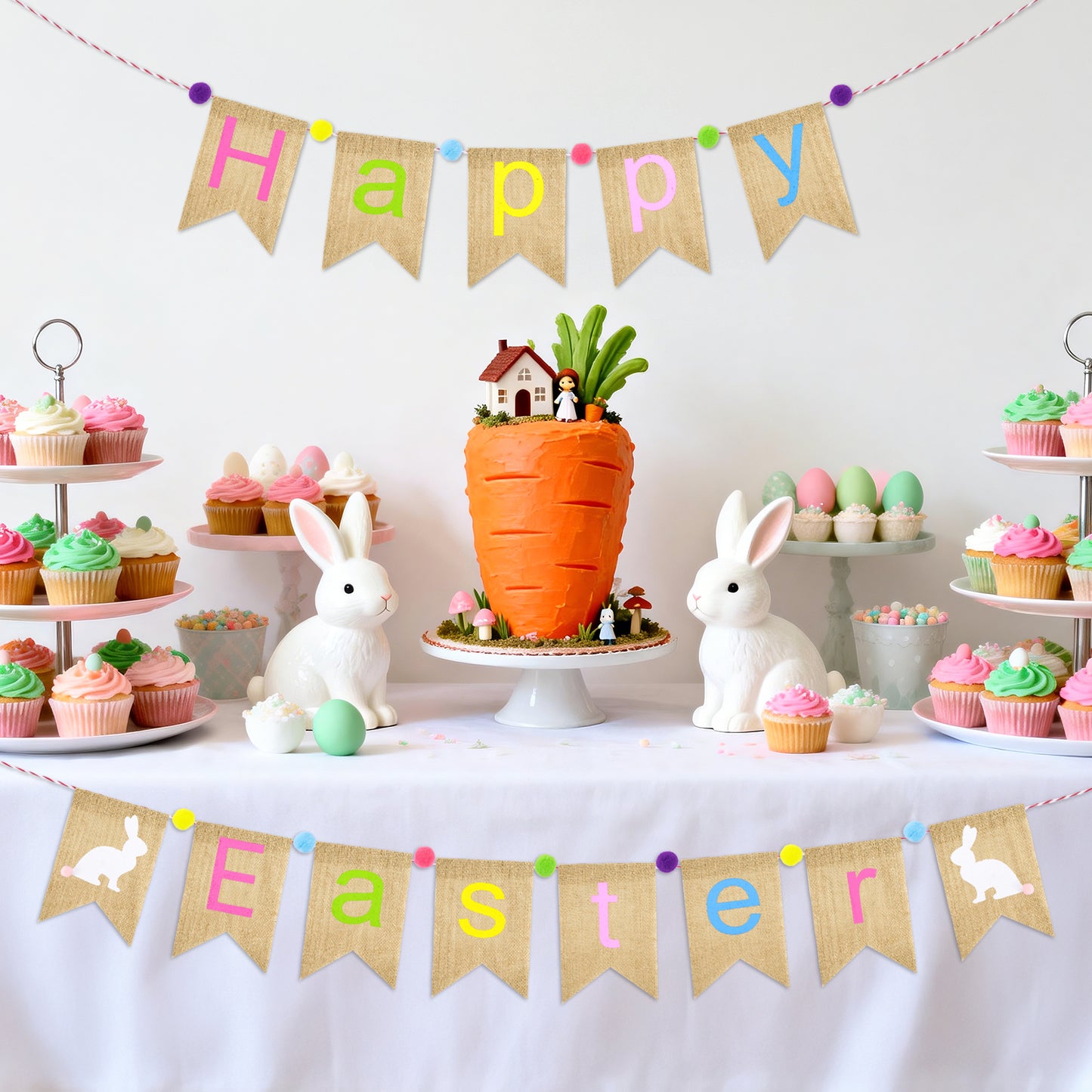 G2PLUS Happy Easter Burlap Banner, Pre-strung Colorful Easter Bunny Garland with Pompom Ball, Rustic Farmhouse Easter Bunting Banner for Home, Mantel, Fireplace, Party & Spring Dec