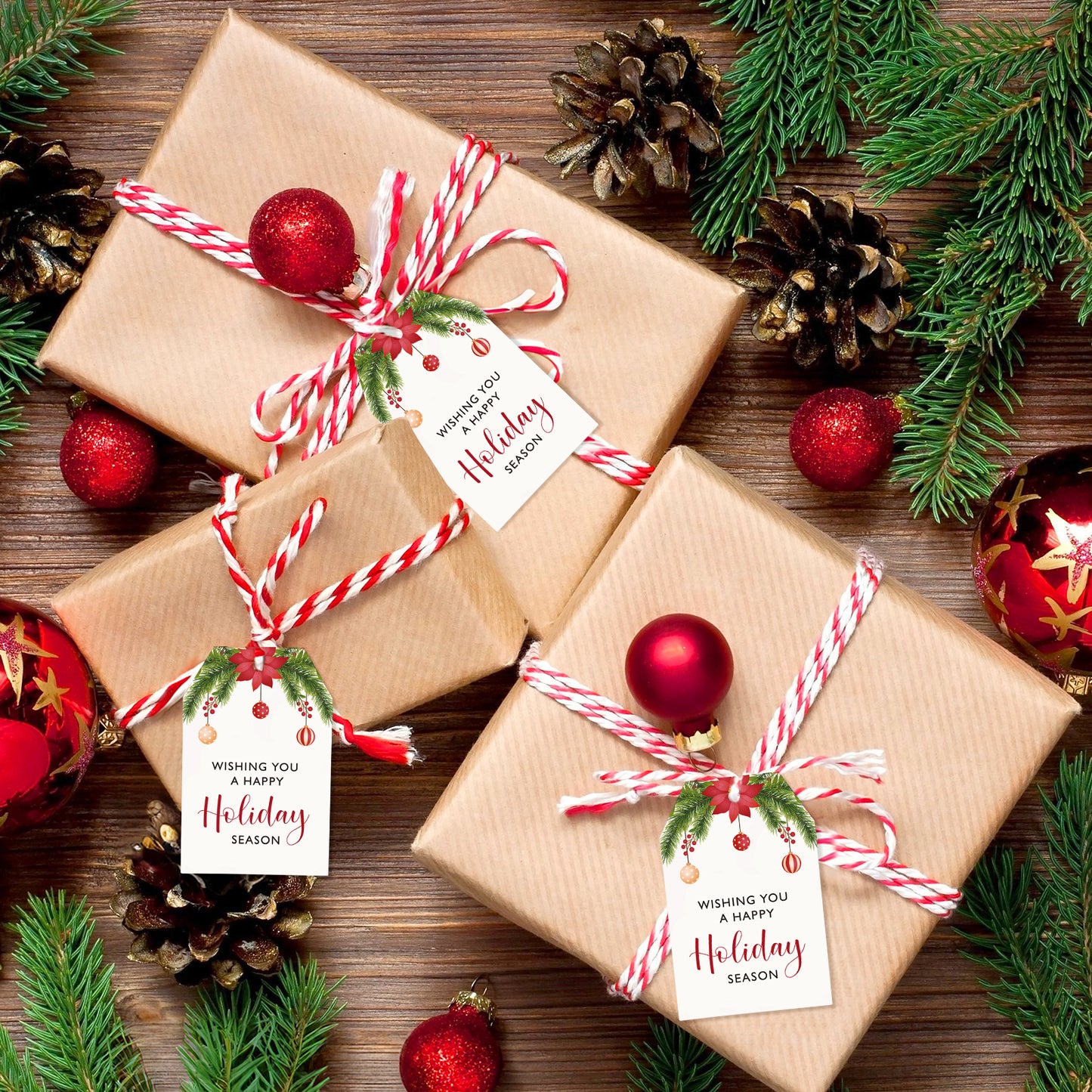 G2PLUS Holiday Season Gift Tags, 50PCS Wishing You A Happy Holiday Season Tags, Christmas Holiday Tags, Christmas Holiday Paper Gift Tags with String for Gift Wrapping, Seasonal Holiday Party Favors