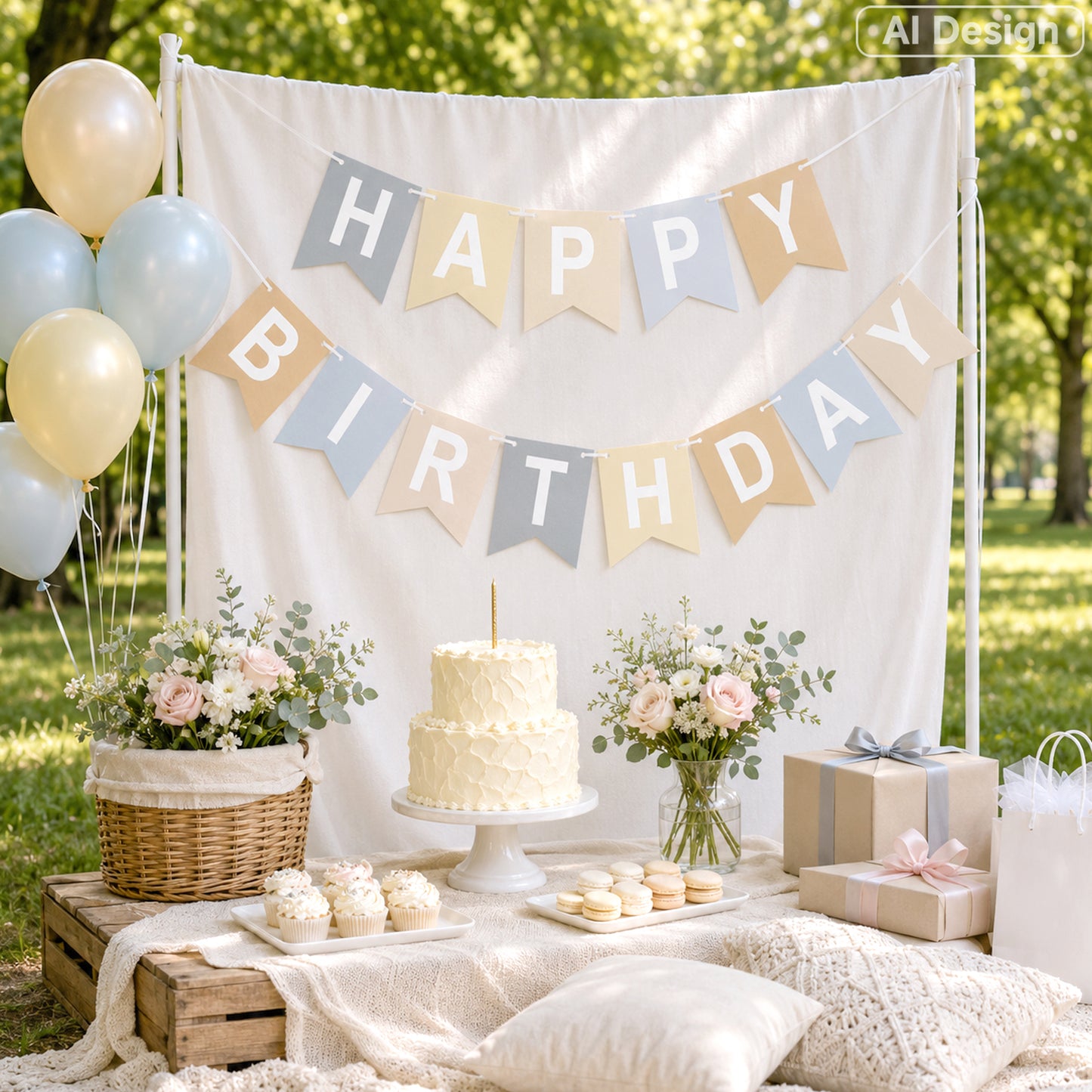 G2PLUS Pre-strung Happy Birthday Banner Beige and Blue: 16 x 20 cm Large No-DIY Birthday Banner for Boys and Girls Birthday Party Decorations