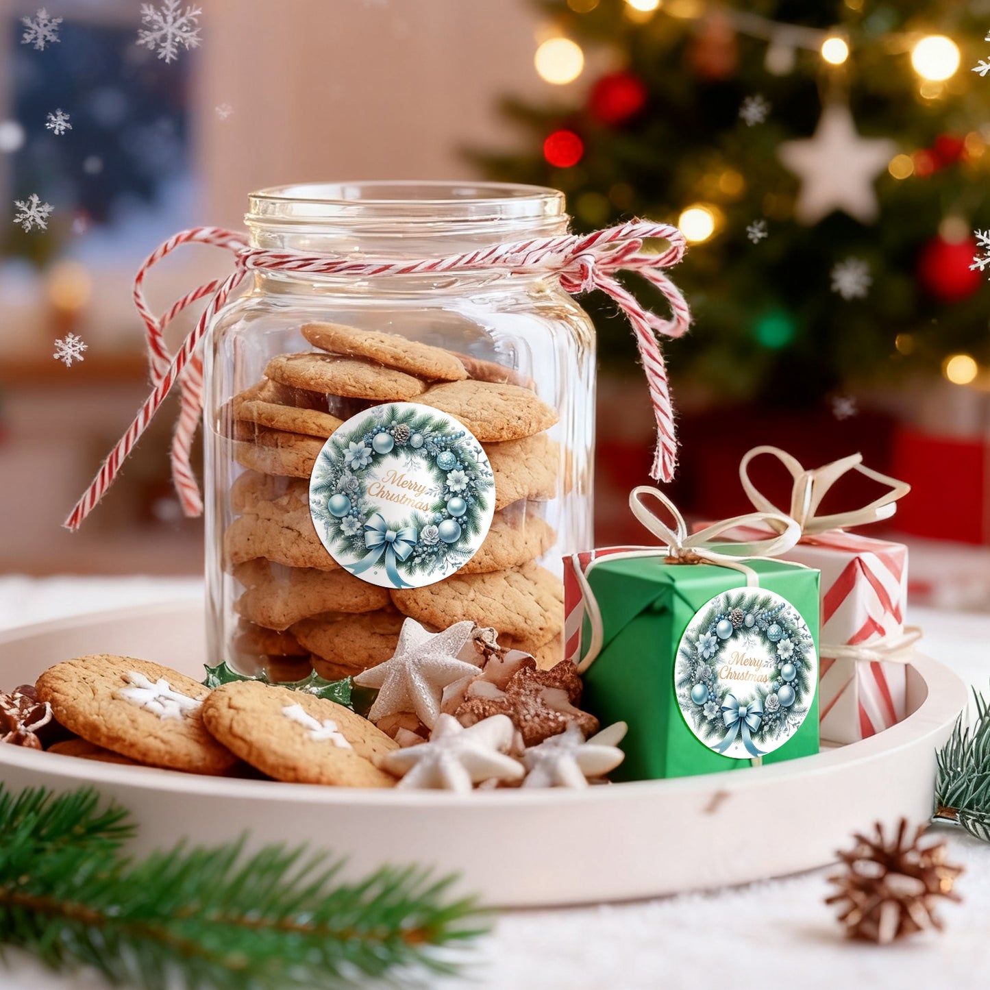 G2PLUS Merry Christmas Stickers - 120Pcs Blue Christmas Wreath Stickers, 2'' Round Self-Adhesive Xmas Labels for Envelope Seals, Holiday Wrapping, Party Favors, DIY Crafts, Small Business Packaging