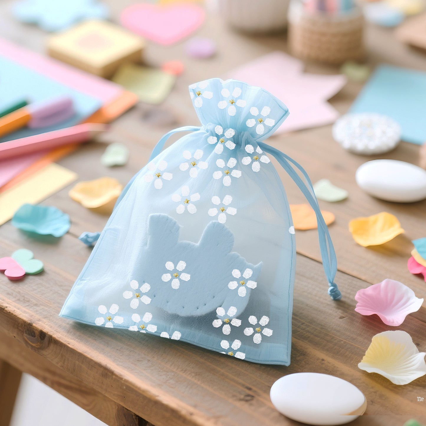 G2PLUS 30Pcs Blue Organza Bags - 4x6 In Sheer Mesh Jewelry Pouches, Daisy Drawstring Organza Bags for Baby Shower, Birdal Shower, Wedding Party Favors