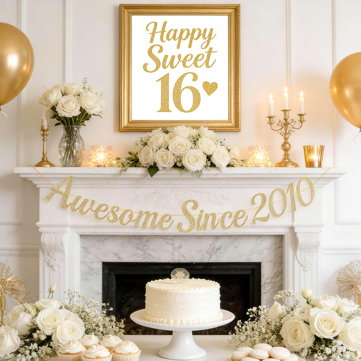 G2PLUS Pre-Strung 16th Birthday Banner, Glitter 16th Birthday Decorations Champagne Gold Happy 16th Birthday Banner, 3m Awesome Since 2010 Banner, 16th Birthday Party Decorations