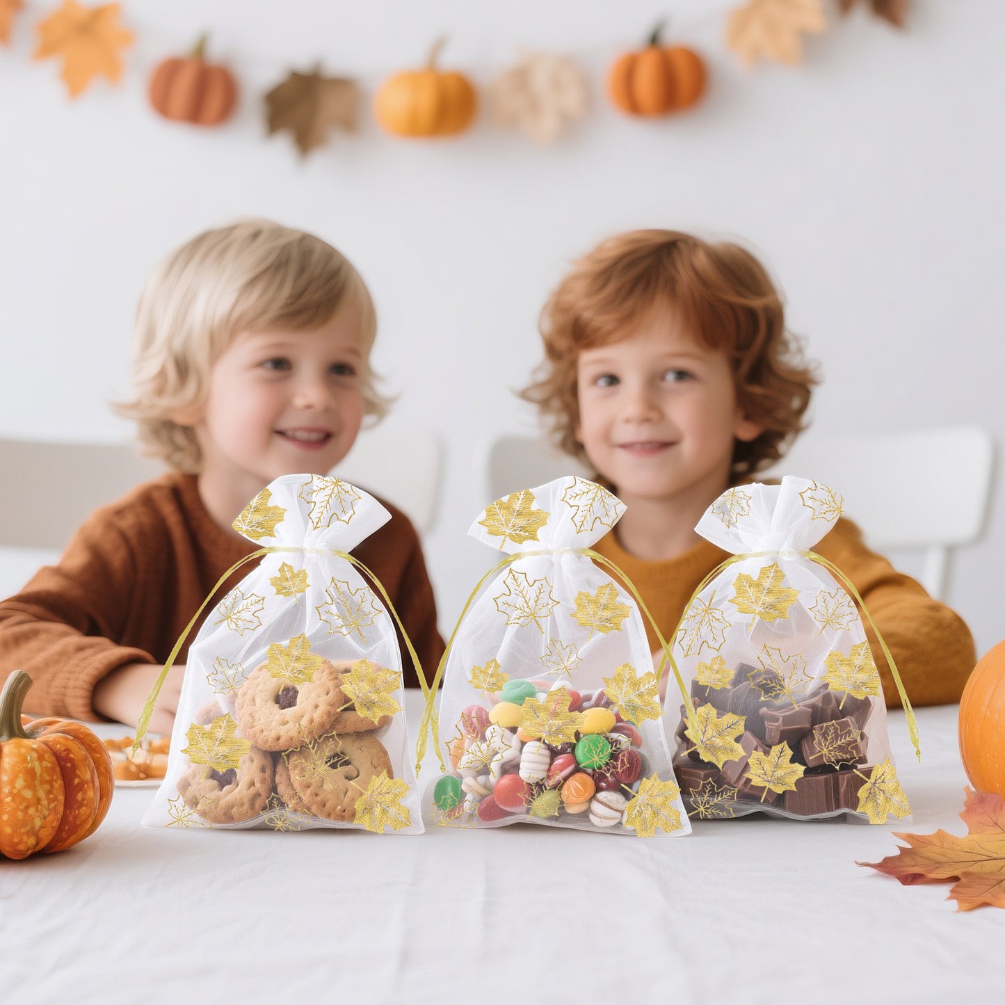 G2PLUS 50Pcs Fall Organza Drawstring Bags 4x6 In - Thanksgiving Organza Bags, White Sheer Mesh Pouches, Gold Maple Leaves Candy Treat Bags for Wedding, Baby Shower, Autumn Holiday Party Favors