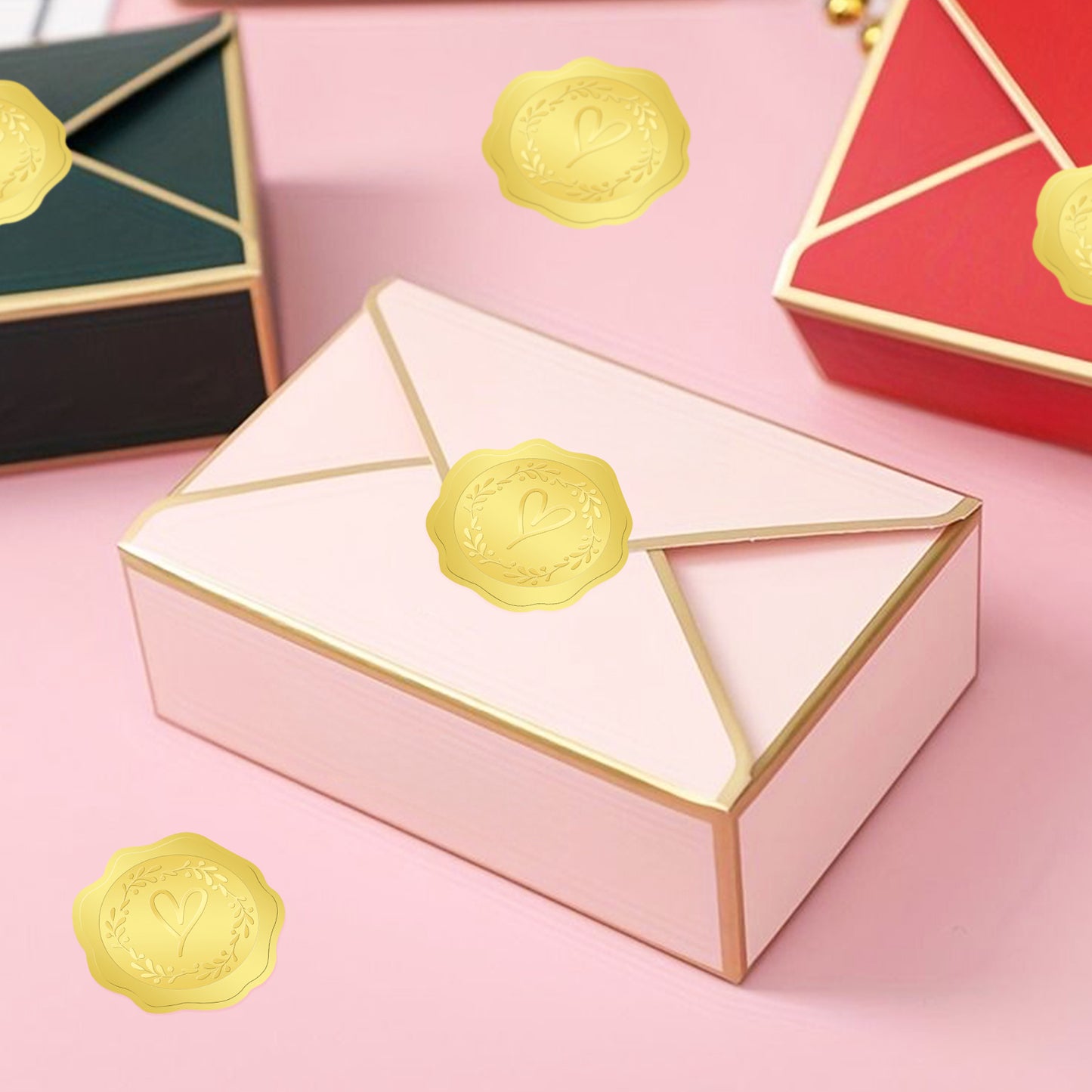 G2PLUS 300PCS Embossed Gold Foil Stickers, Gold Heart Envelope Seals Stickers, Gold Embossed Wax Seal Looking Heart Envelope Seals, Gold Heart and Garland Stickers for Envelope Seals, Cards, Invites