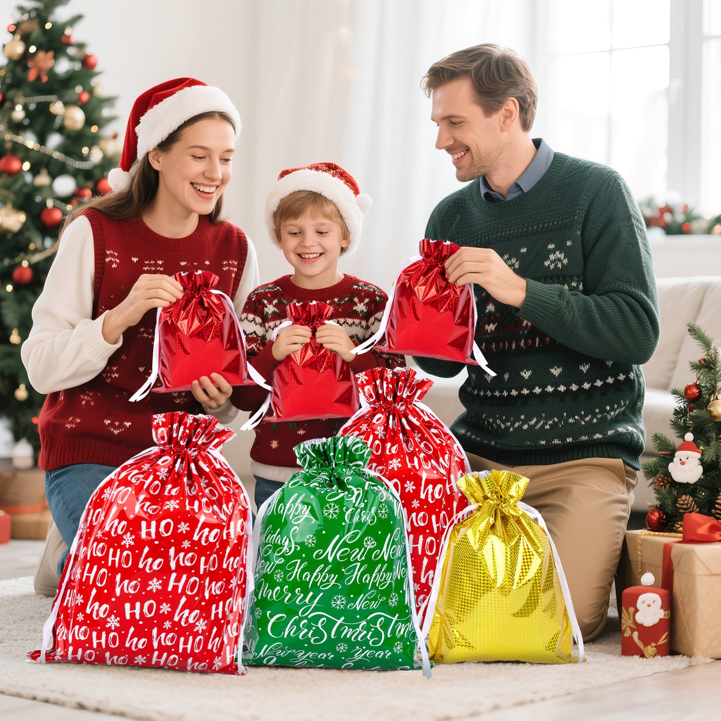 G2PLUS 20PCS Christmas Drawstring Gift Bags Assorted Sizes - 4 Designs Aluminum Foil Christmas Bags with Ribbon, Present Wrapping Pouches for Packages, Holidays, Birthday Party