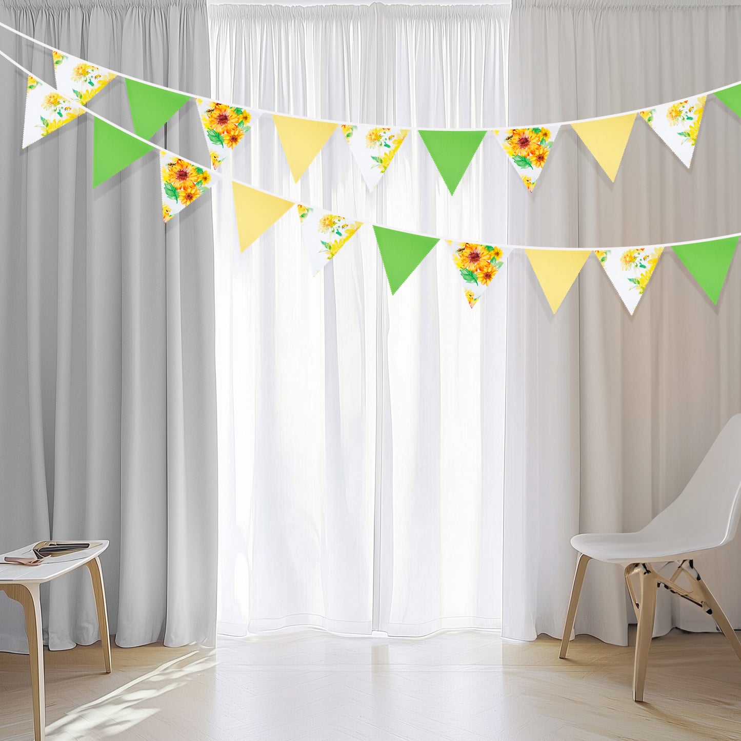 G2PLUS 39Ft Triangle Bunting Banner, Yellow & Green Sunflower Garland Pennant Banner, Reusable Cotton Triangle Flags Party Decoration for Garden Party, Fall Decor & Outdoor Celebrations