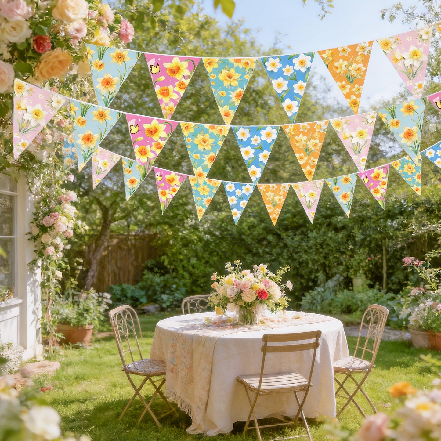 G2PLUS Floral Triangle Banner, 39Ft Pre-Strung Wildflower Paper Bunting Garland, Double Sided Pennant Banner for Tea Party, Birthday, Baby Shower, Garden, Spring Party Decorations (Yellow Narcissus)