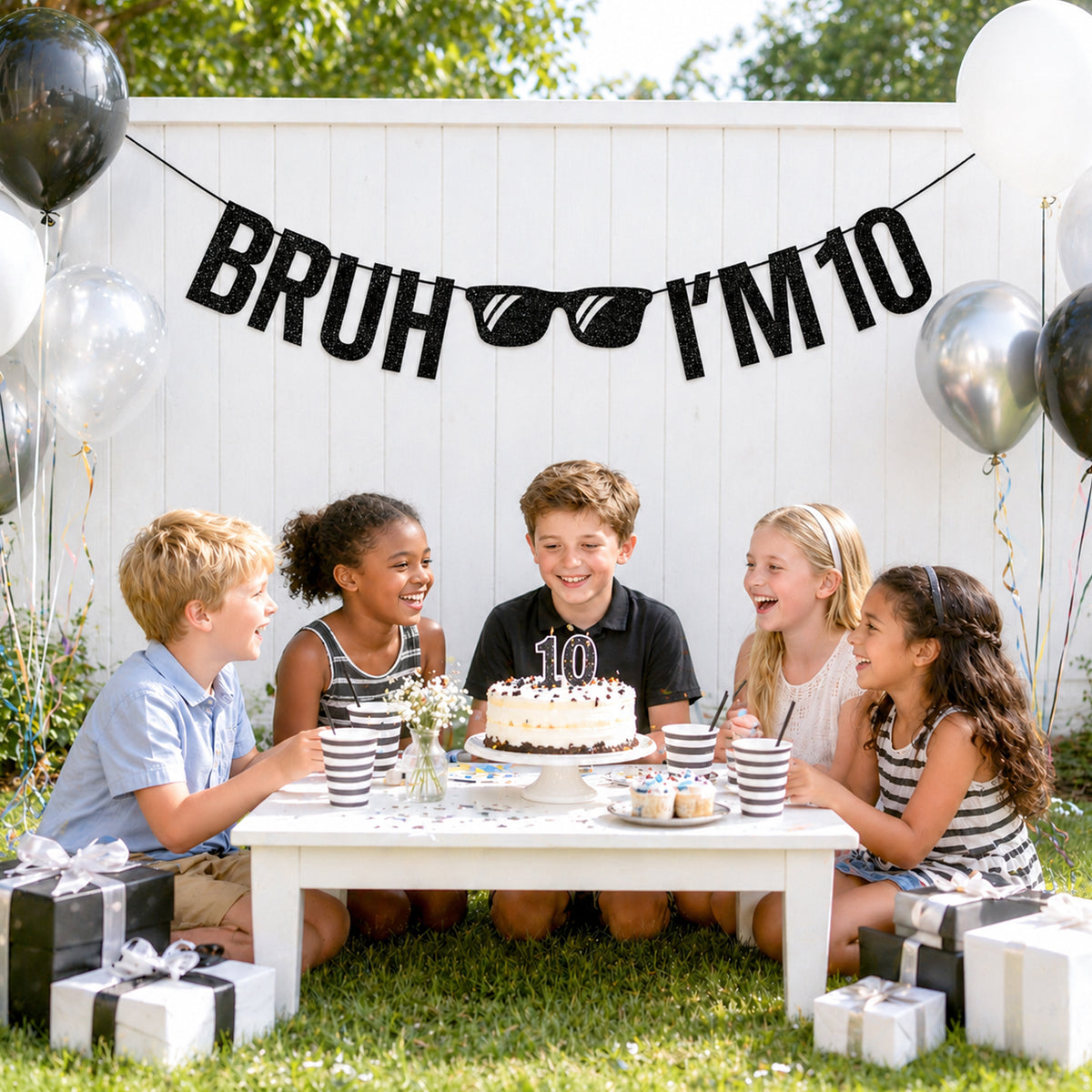 G2PLUS Pre-Strung 10th Birthday Banner,Glitter 10th Birthday Decorations Black Happy 10th Birthday Banner, 3m Bruh I'm 10 Banner, Double Digits 10th Birthday Decorations for Boys