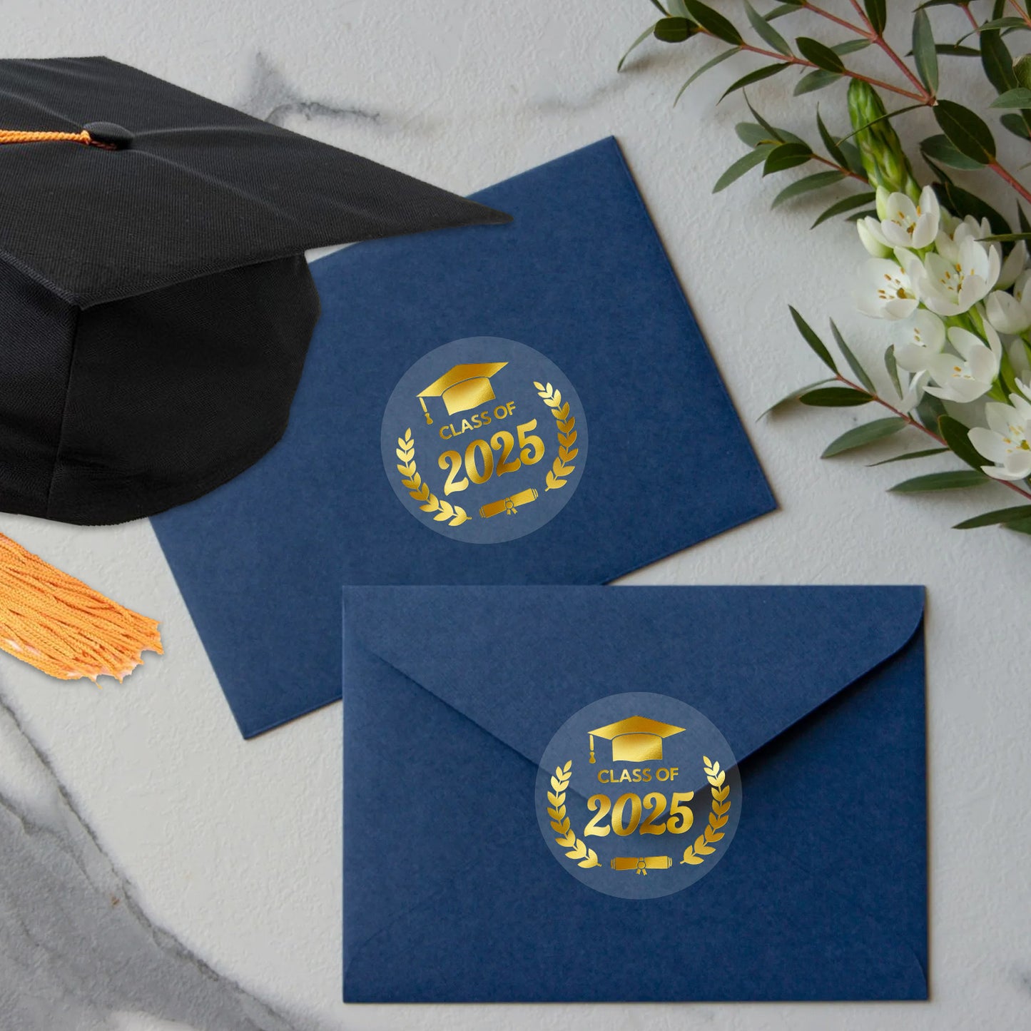 G2PLUS Graduation Stickers, 120PCS Class of 2025 Stickers, 1.6in Gold Foil Graduation Cap Stickers, Transparent Graduation Envelope Seal Sticker for Graduation Invitation and Grad Party Favors