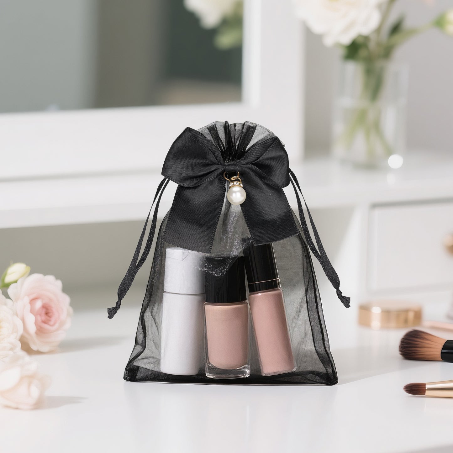 G2PLUS 30Pcs Organza Bags with Bow-4x6 In Black Wedding Favor Bags, Sheer Mesh Jewelry Pouches with Drawstring for Bridal Shower, Baby Shower, Valentine's Day Party Favors