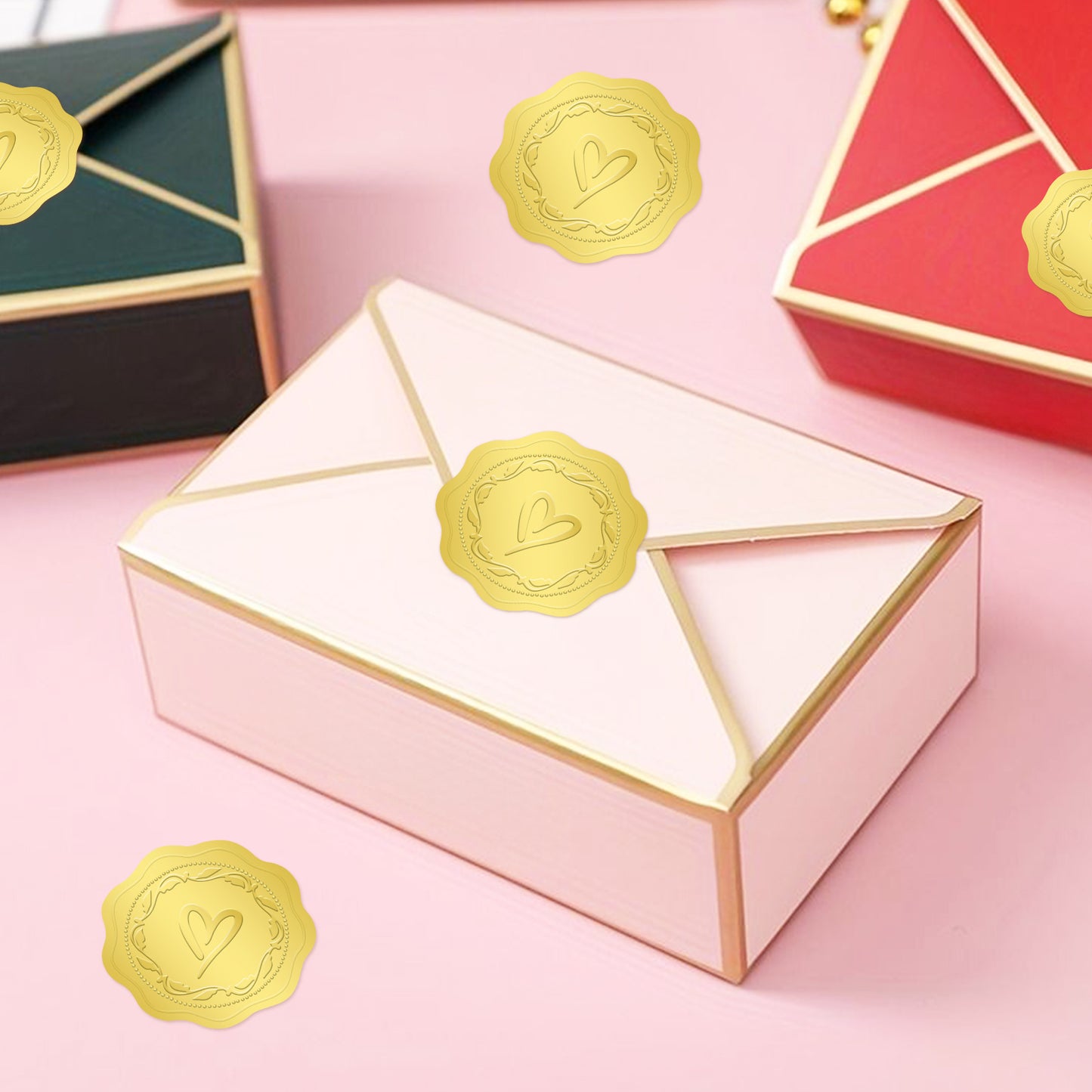 G2PLUS 300PCS Embossed Gold Foil Stickers, Gold Heart Envelope Seals Stickers, Gold Embossed Wax Seal Looking Heart Envelope Seals, Gold Heart and Garland Stickers for Wedding, Birthday Party Favors