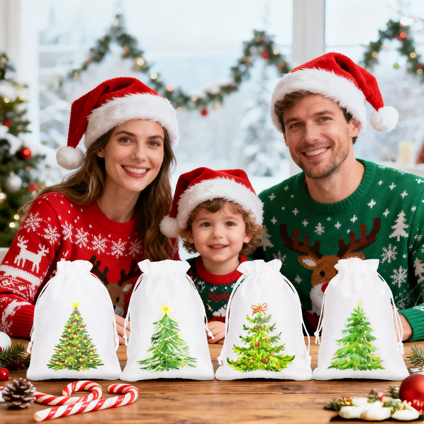 G2PLUS 24Pcs Christmas Drawstring Burlap Gift Bags - 5X7 In Christmas Advent Calendar Bags, 4 Design Xmas Tree Burlap Bag, White Treat Goody Bag for Xmas Holiday Party Favors