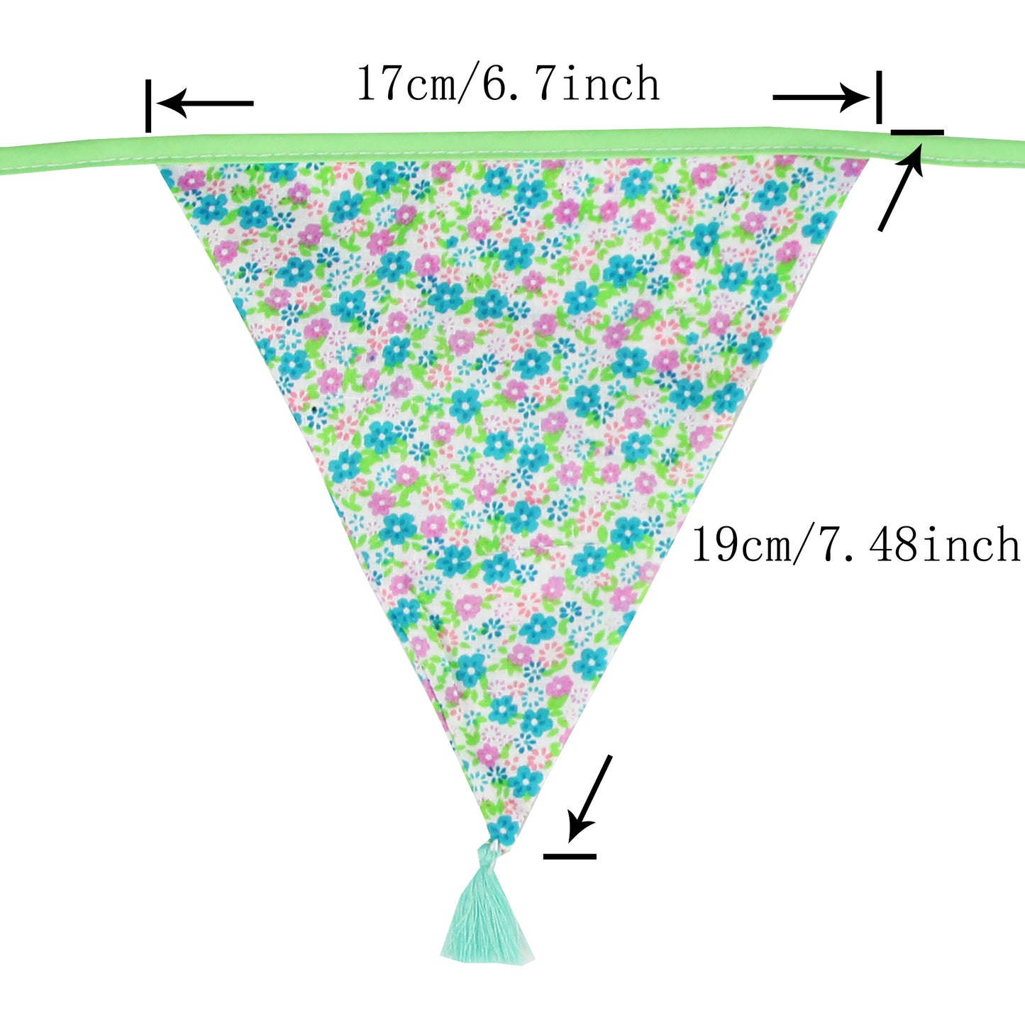 G2PLUS 10.8Ft Cotton Triangle Bunting Banner – 12pcs Blue and Green Floral Fabric Pennant Flag with Tassels, Double Side Triangle Banner Garland for Weddings, Birthdays, Garden & Baby Showers