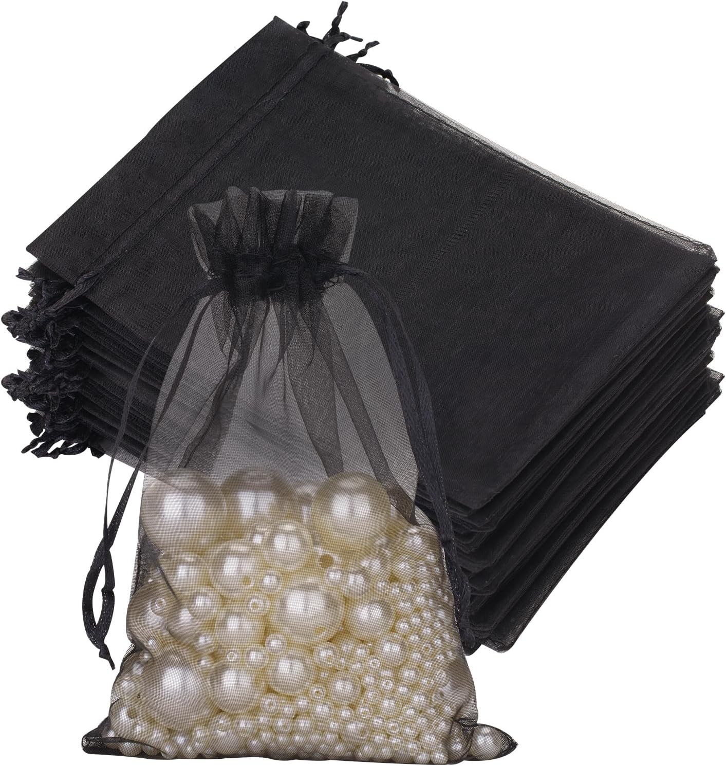 G2PLUS Black Organza Gift Pouches - 13x18 CM Medium Organza Favor Bags, 50 PCS Wedding Jewelry Bags - Clear Mesh Pouches for Wedding, Christmas, Birthday, Anniversary