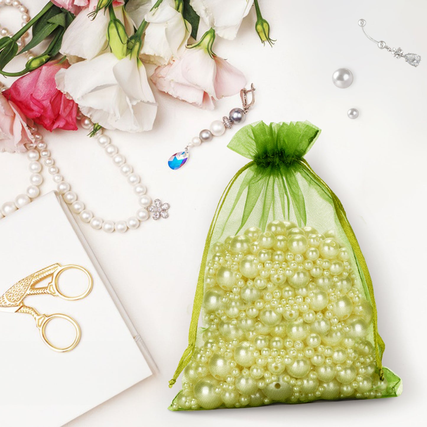 G2PLUS 25PCS Green Organza Bags 5x7 inches - Sheer Mesh Jewelry Pouches, Sage Green Organza Gift Bags with Drawstring for Candy, Jewelry, Wedding Party Favors