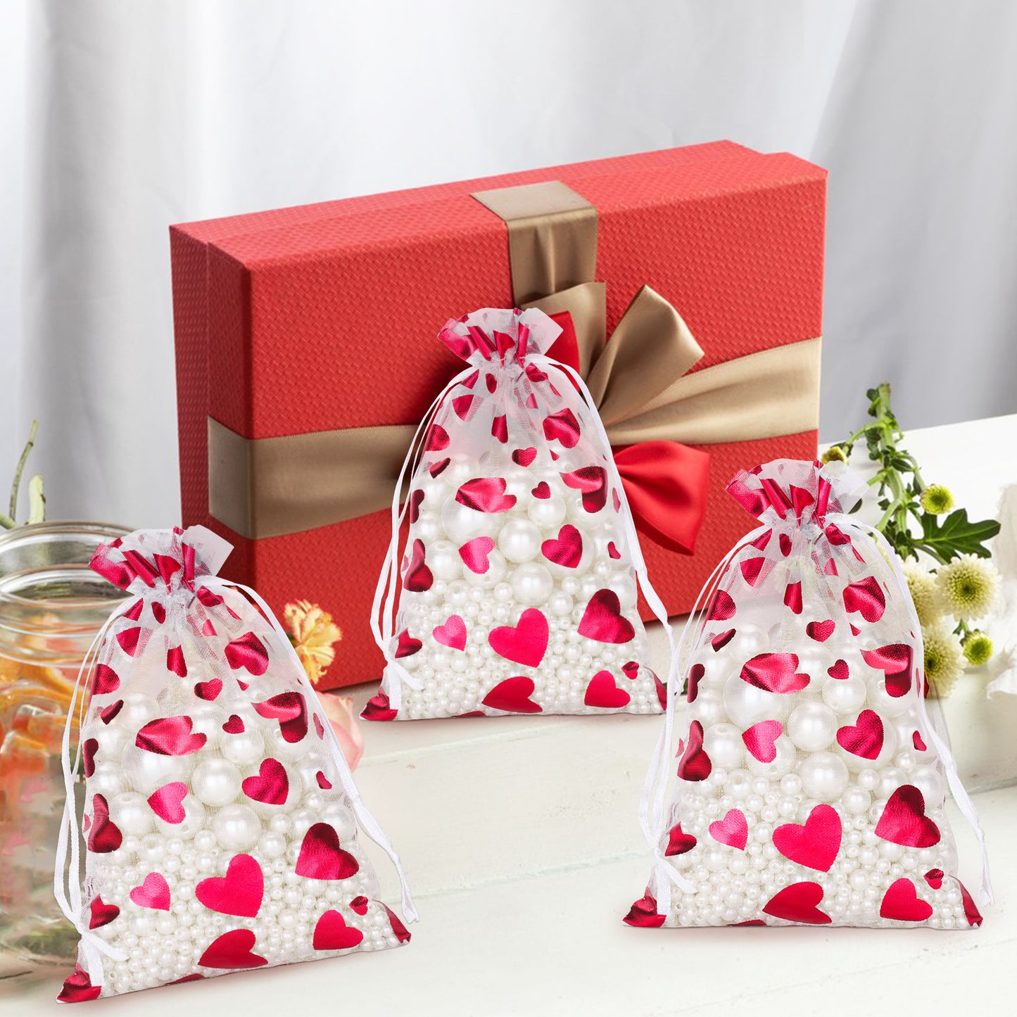 G2PLUS Heart Organza Bags, 4''x6'' Organza Gift Bags, 50PCS Drawstring Sheer Organza Gift Bags, Organza Mesh Jewelry Pouches, Candy Bags for Easter, Mother's Day, Wedding Party Favors (White Red)